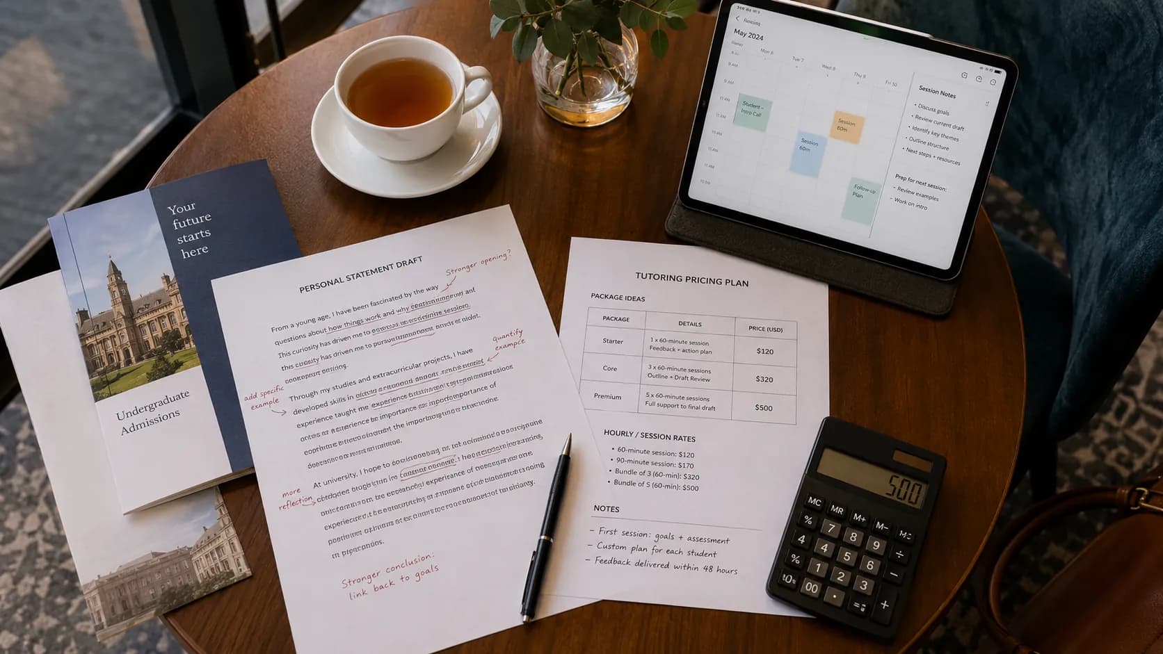 A tutor's application support package showing strategy sessions, draft reviews, and milestone invoices