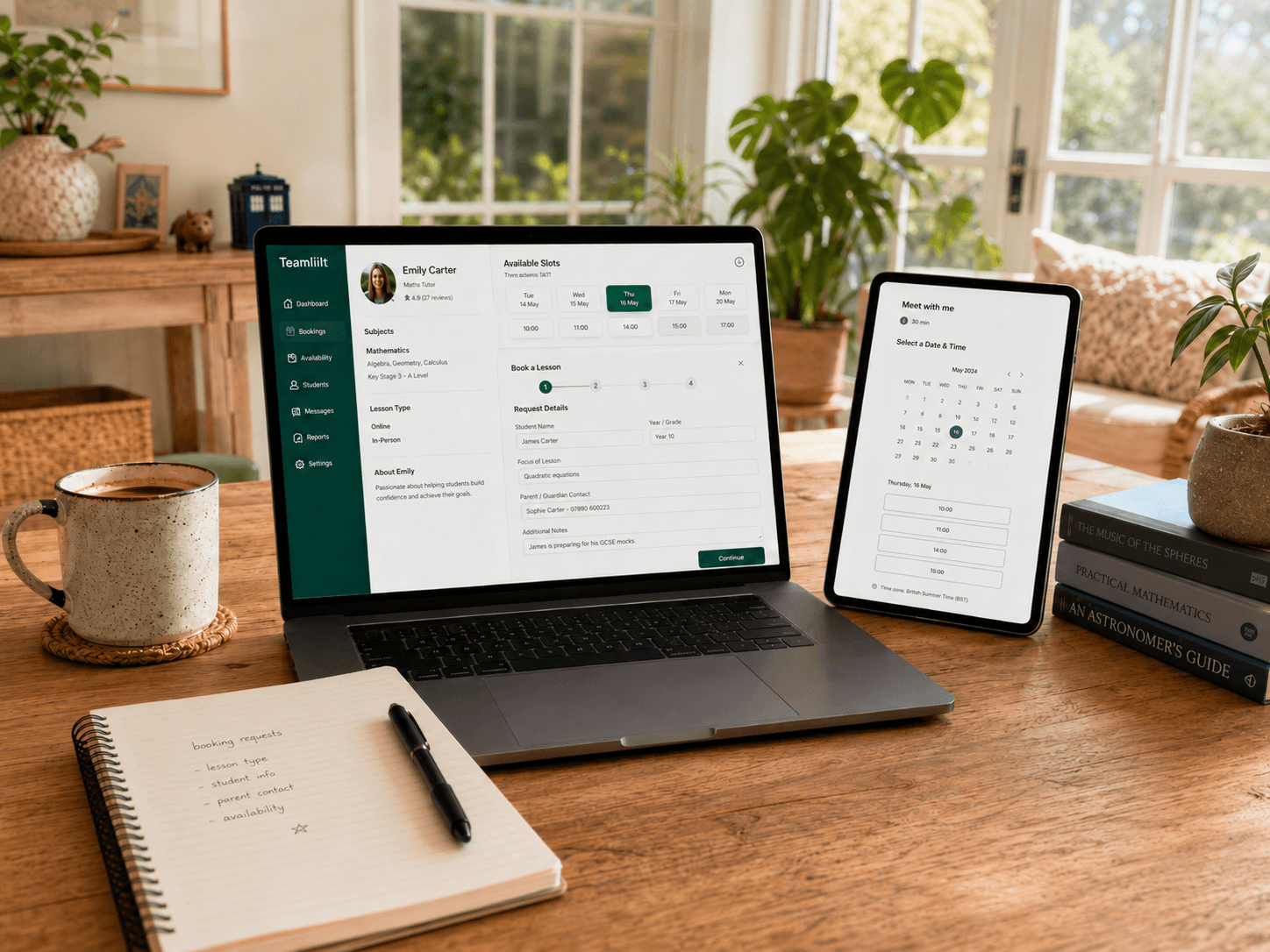 Private tutor comparing a generic Calendly booking link with a purpose-built tutor booking and scheduling dashboard