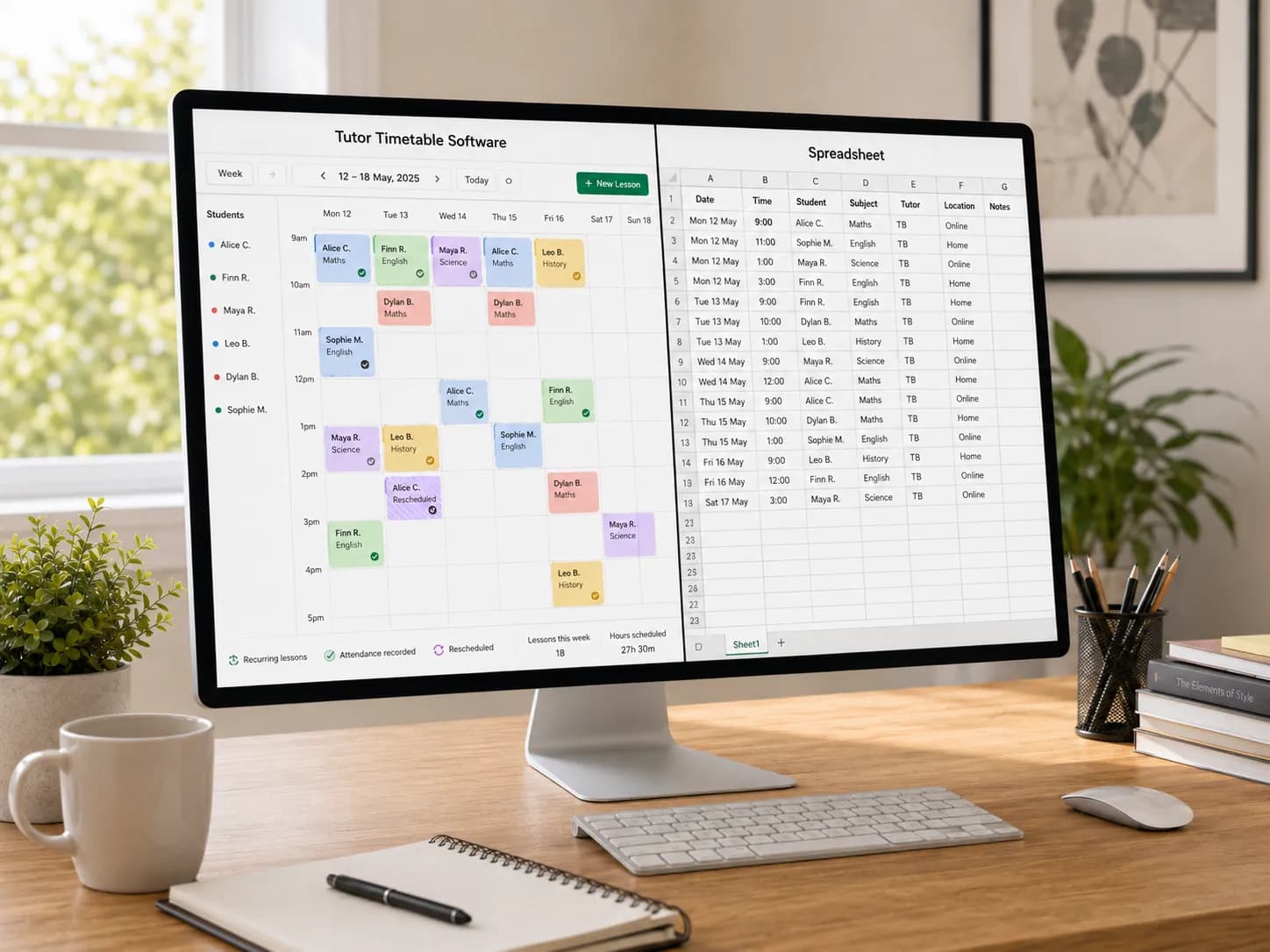 Un professeur particulier compare un planning brouillon sur tableur avec un tableau de bord clair de logiciel de planning pour tuteurs