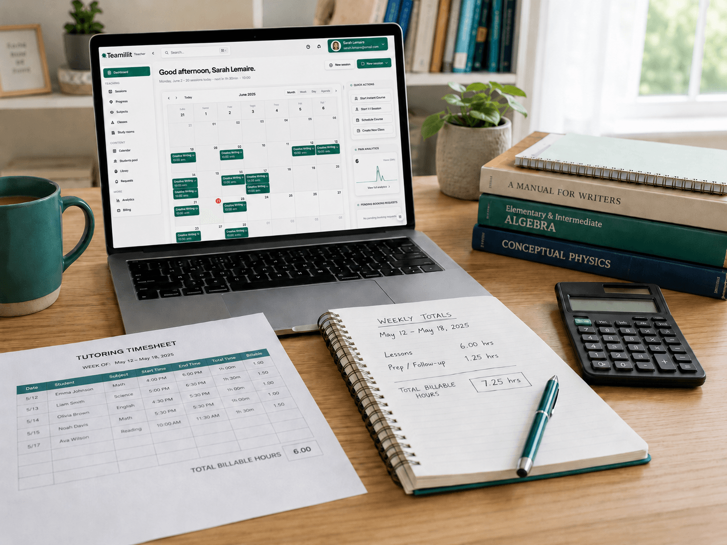 Un professeur particulier consulte un relevé de cours montrant la présence, le temps de cours et les heures facturables avant de facturer