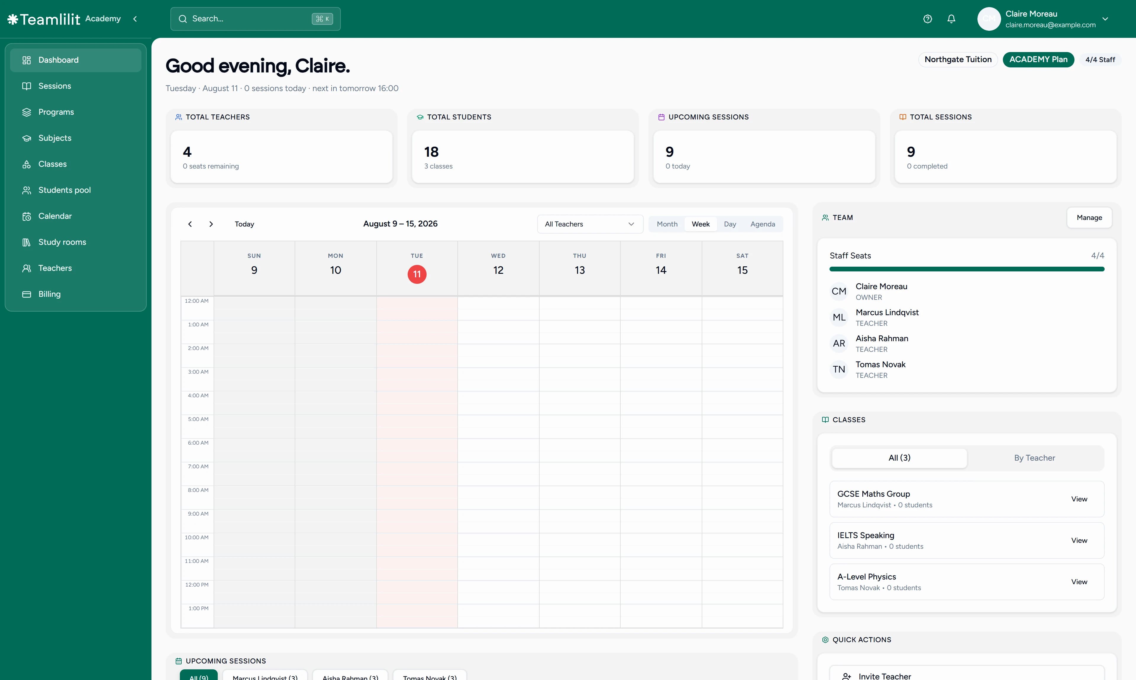 The Teamlilit centre dashboard showing total teachers, students and sessions, a combined calendar with three tutors teaching in parallel, and the staff list with each member's role