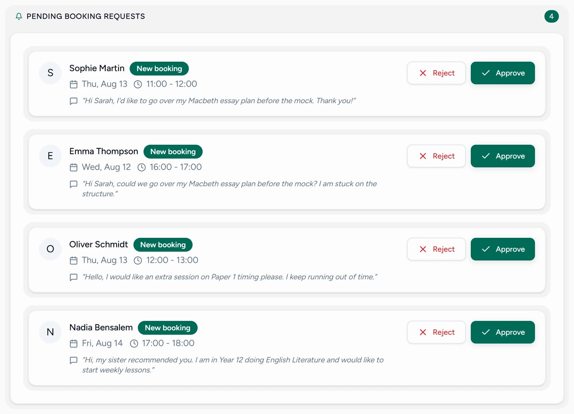 Teamlilit pending booking requests, each showing the student, the slot they asked for, their message, and Approve or Reject actions