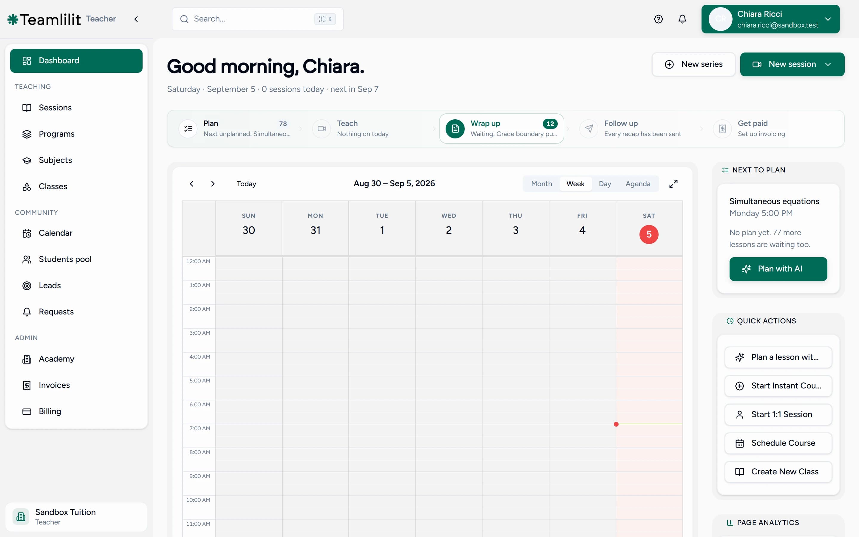 The tutor dashboard showing a card for the next lesson with no plan