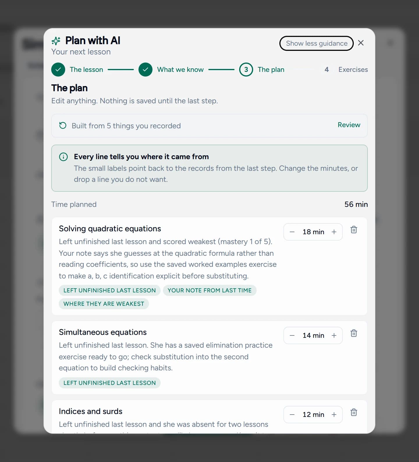 Step three showing a generated lesson plan with minutes per topic and a label on every line