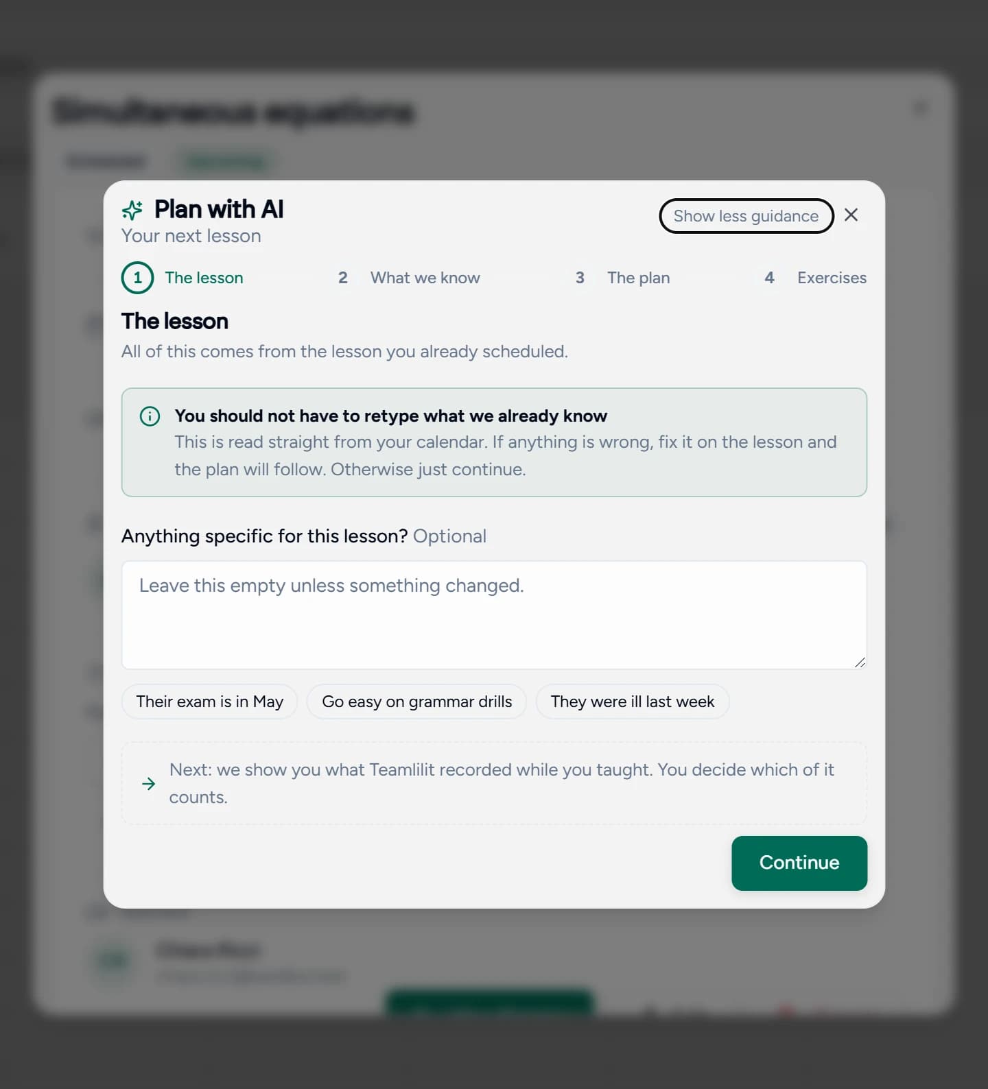 Step one of the Plan with AI wizard showing the lesson details read from the calendar