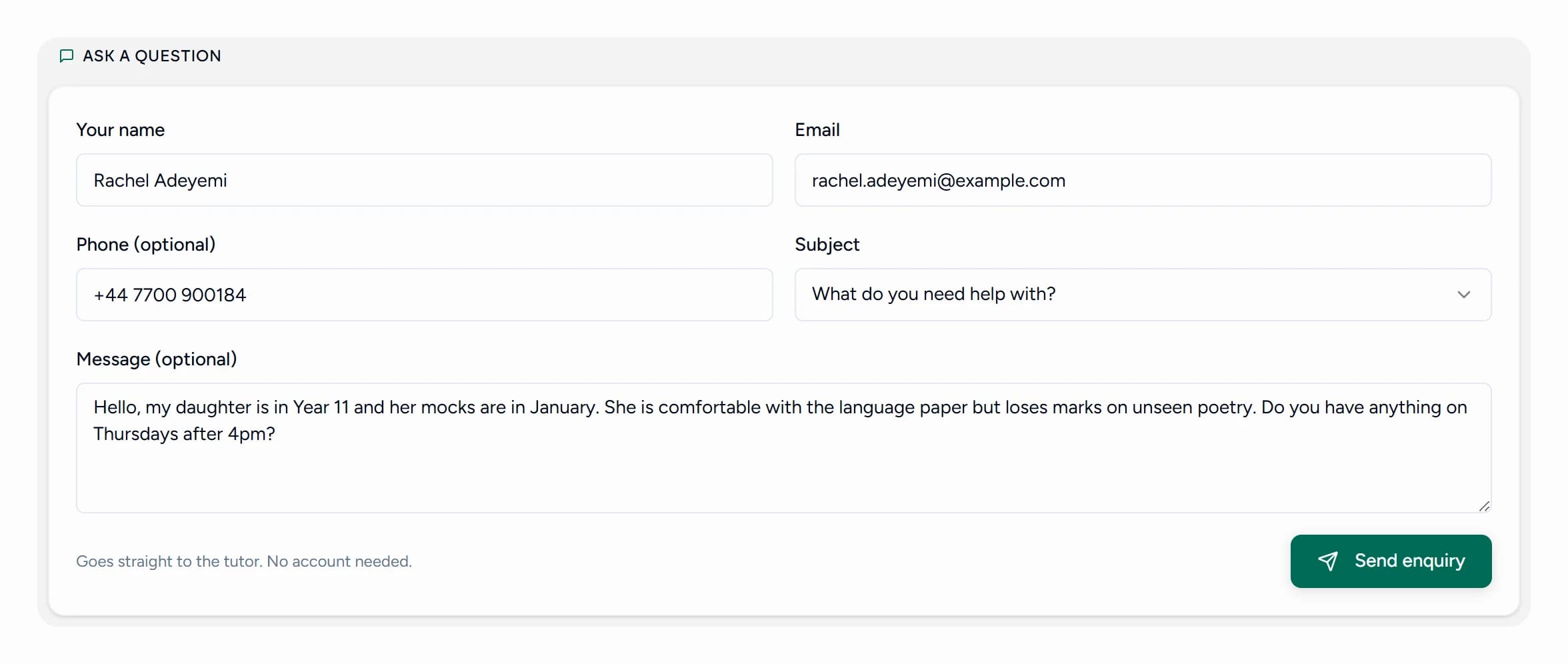 The public enquiry form on a tutor's Teamlilit page, filled in by a parent with their name, email, phone, subject and a question about availability