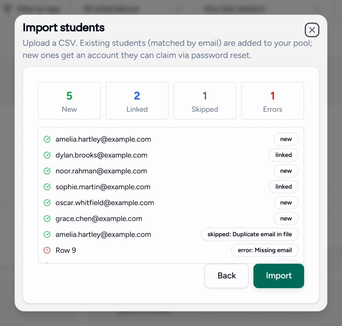 Teamlilit's CSV import preview: five new students, two linked to existing accounts, one duplicate row skipped and one error for a missing email, each row with its outcome
