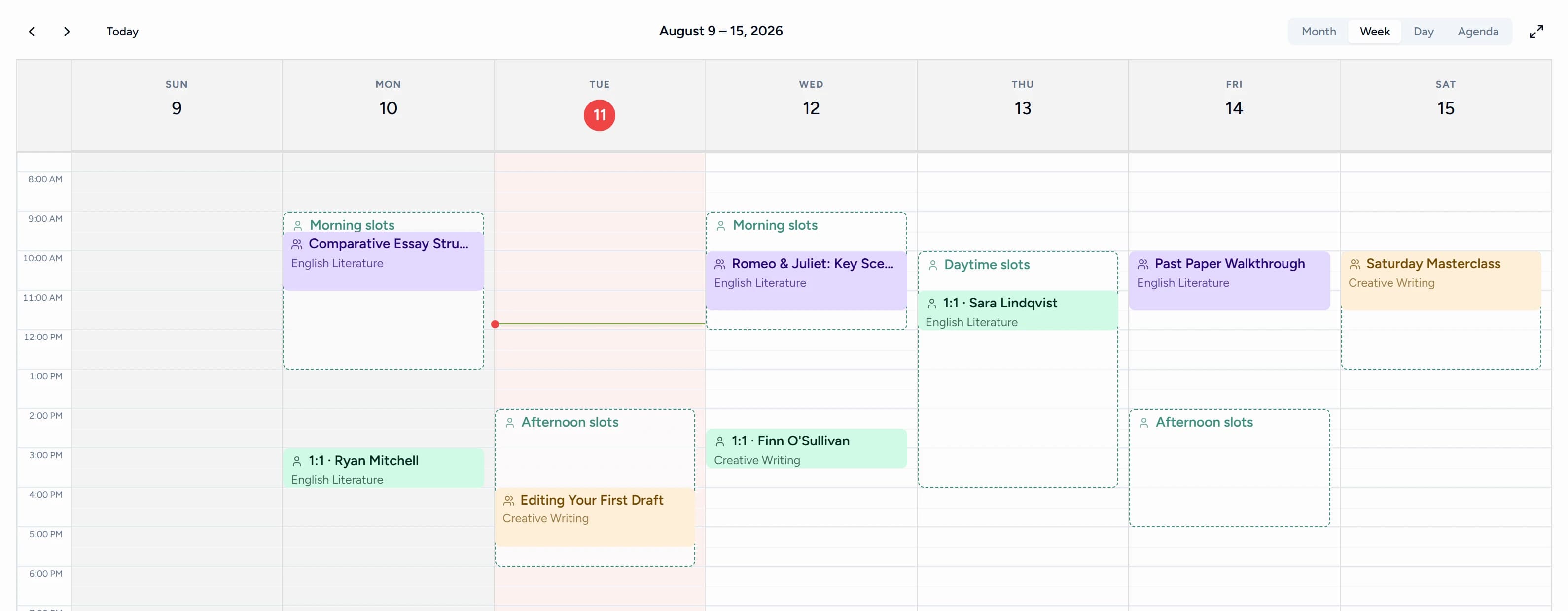Teamlilit tutor calendar showing open availability blocks for morning, afternoon and daytime slots with booked lessons sitting inside them