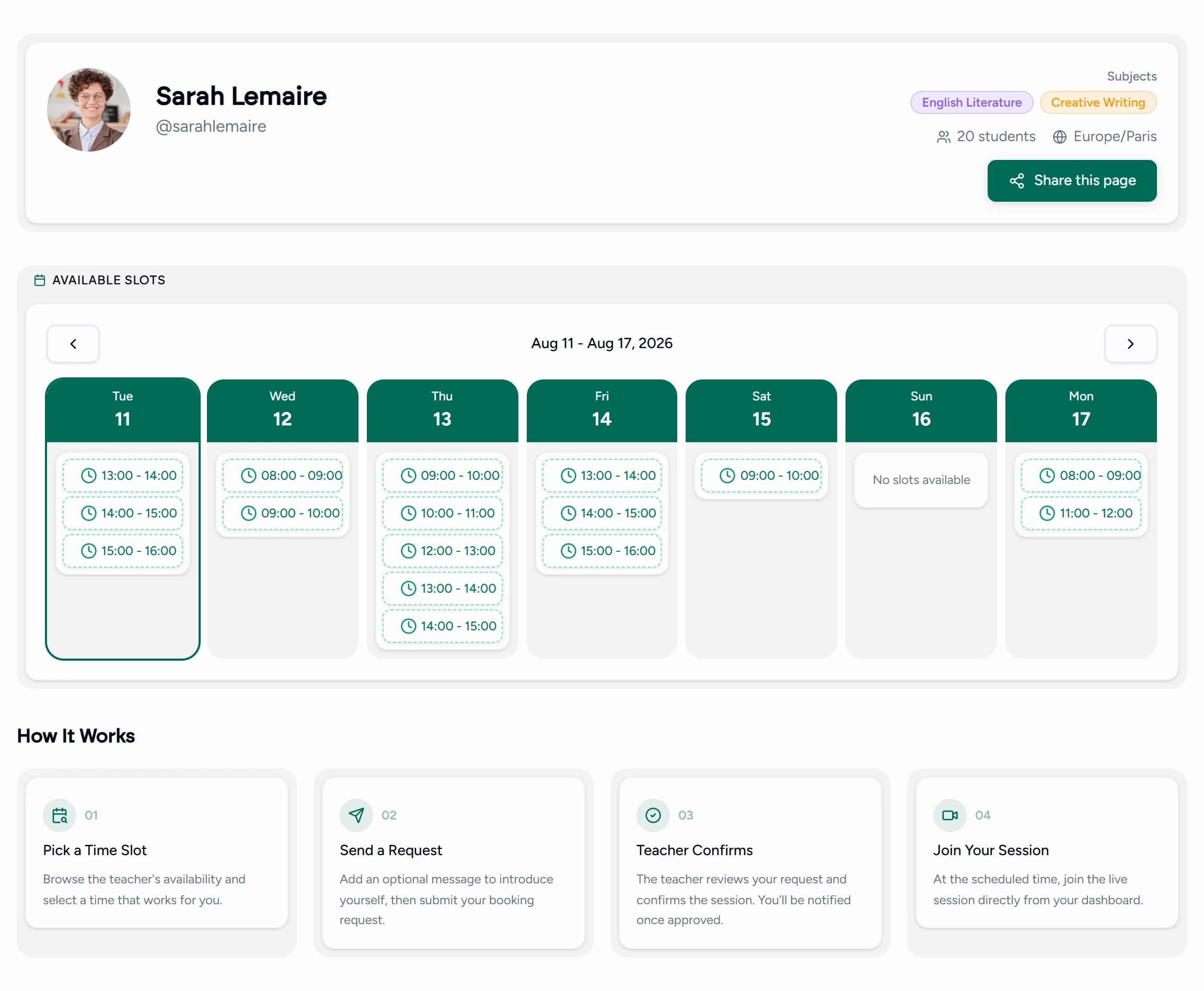 Teamlilit public tutor booking page showing a week of available lesson slots that students can request, with the four step booking process underneath