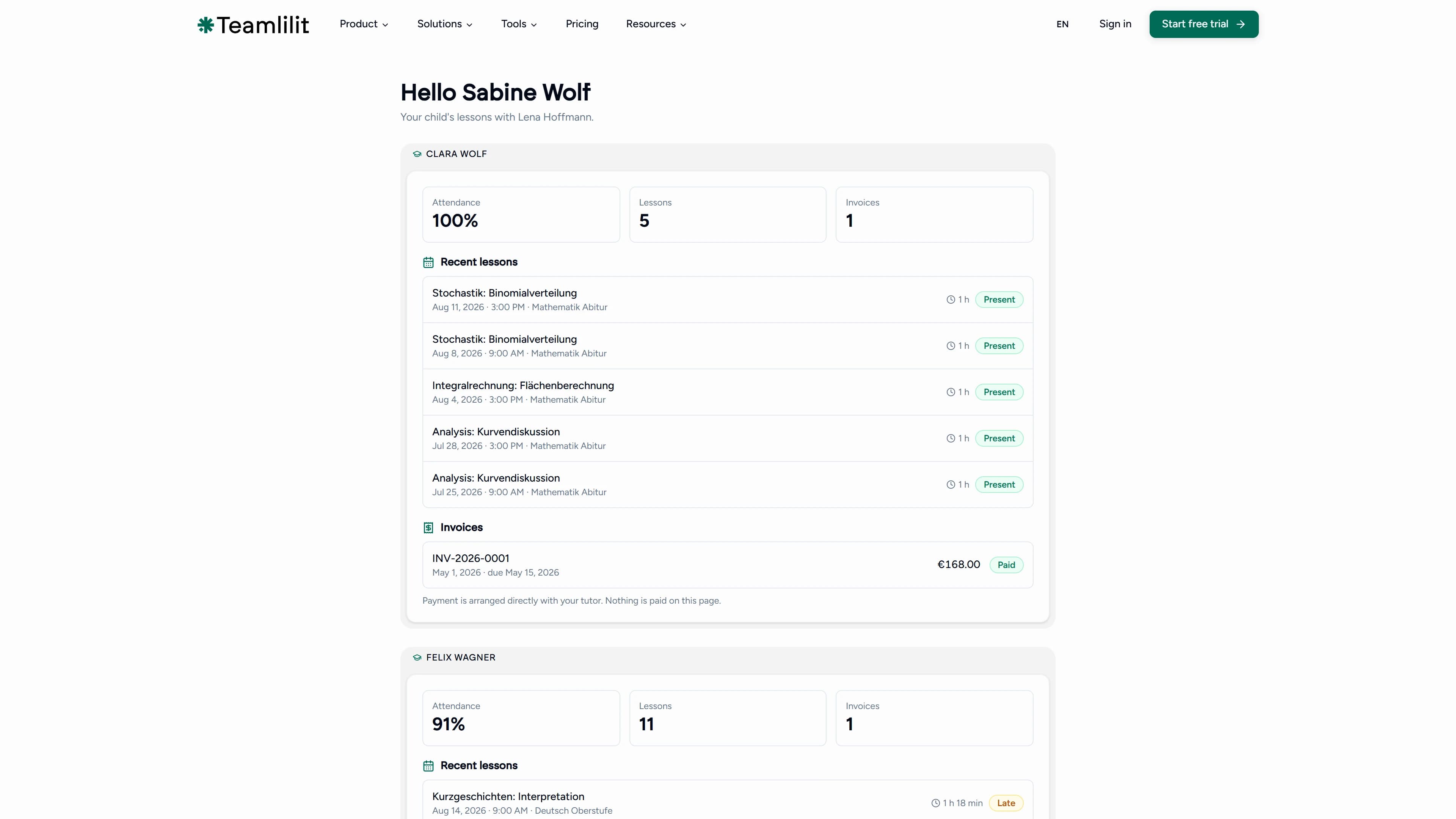 A parent's read-only Teamlilit portal showing two children, each with an attendance figure, their recent lessons with durations and attendance badges, and the invoices addressed to that parent