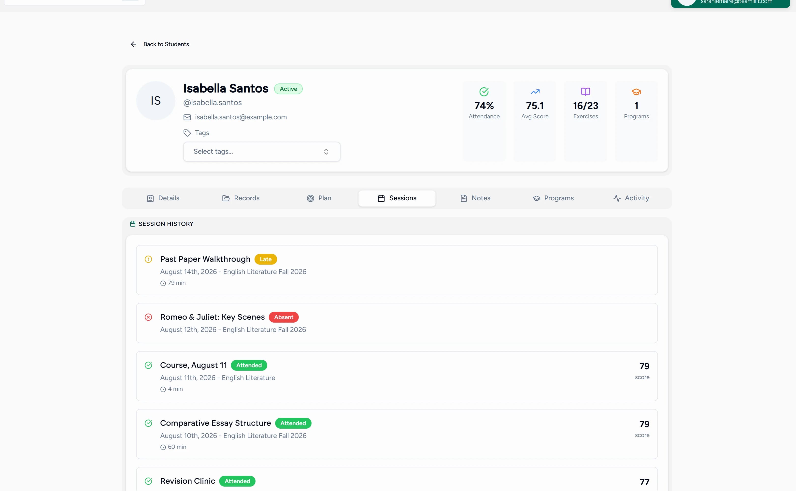 A Teamlilit student record on its Sessions tab: attendance rate, average score and exercises completed above a dated history of every lesson with its attendance badge, duration and score