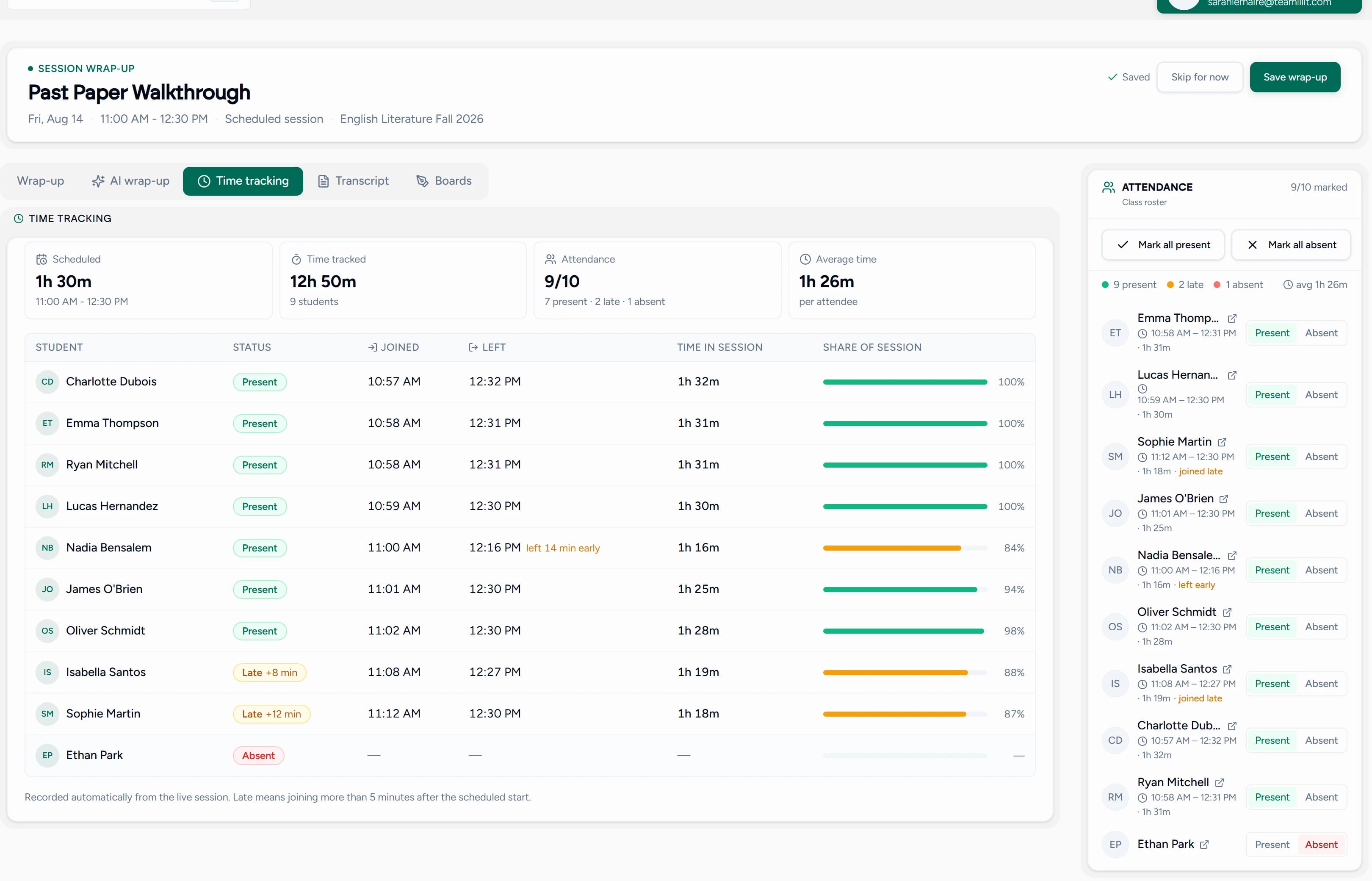 The Teamlilit time tracking tab showing each student's join time, leave time and duration for a session
