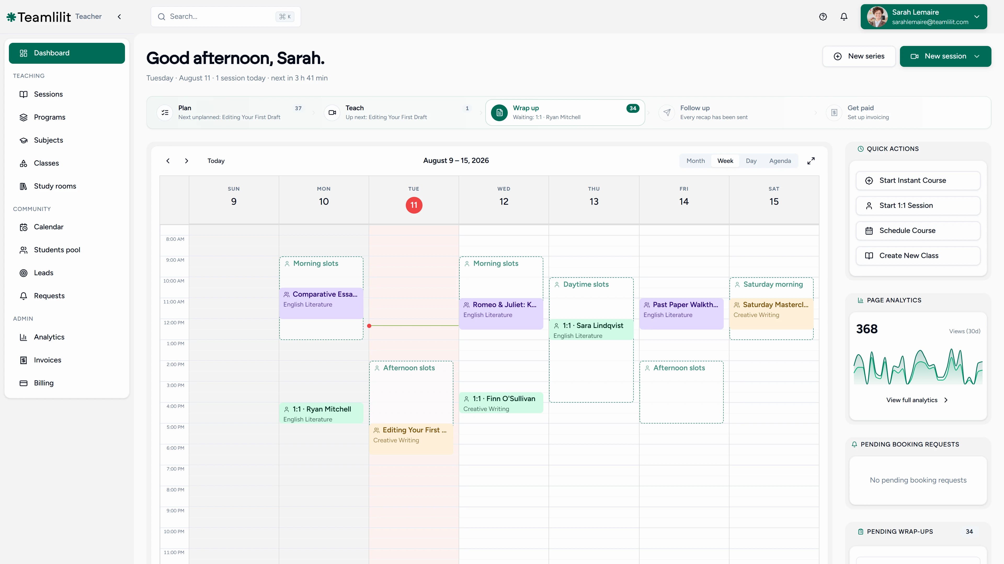 The Teamlilit tutor dashboard showing the plan, teach, wrap up, follow up and get paid workflow above the week's schedule, with quick actions and pending items alongside