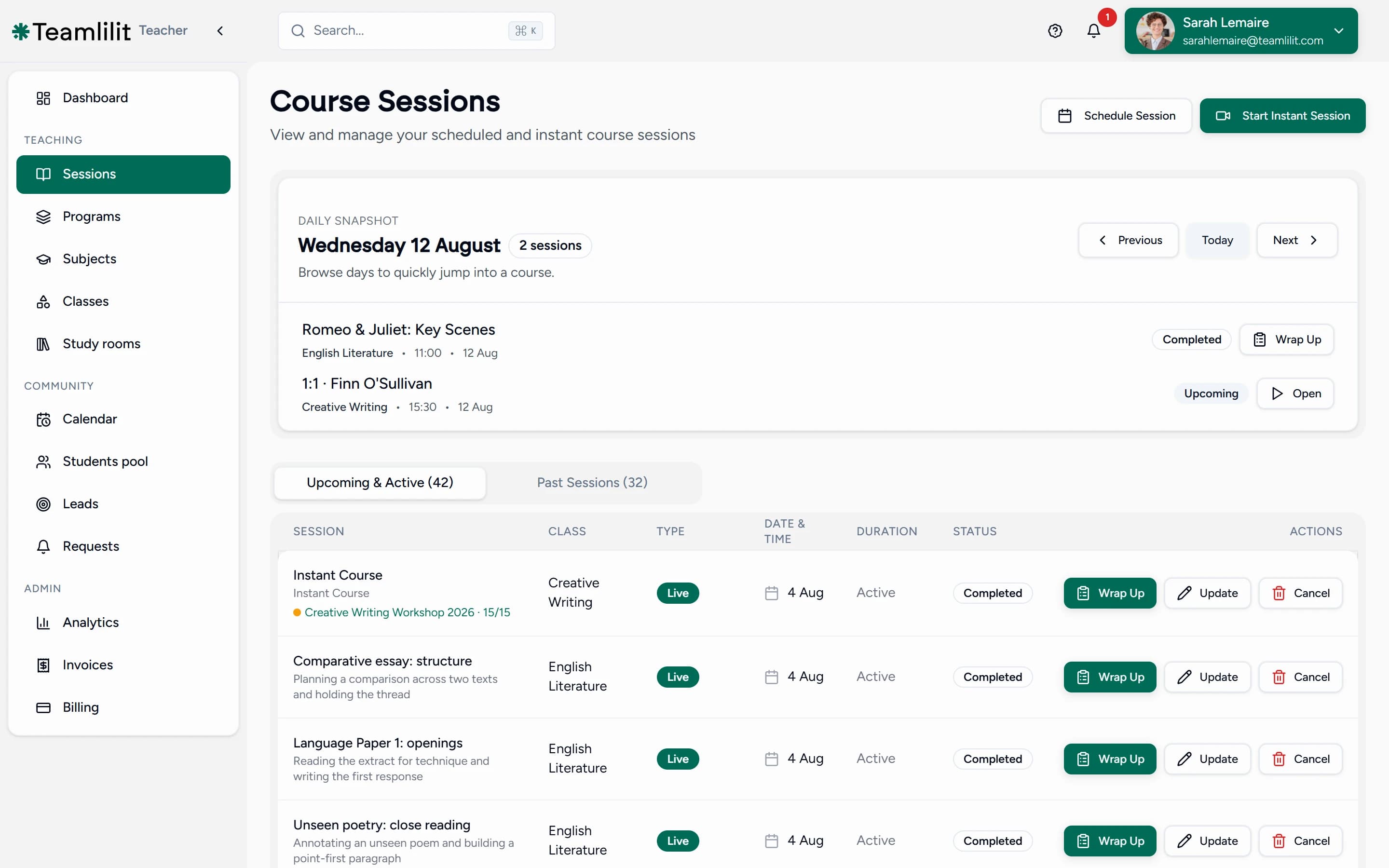 Teamlilit session list showing upcoming and past tutoring sessions with their class, type, date, duration and status, and a wrap-up action on each