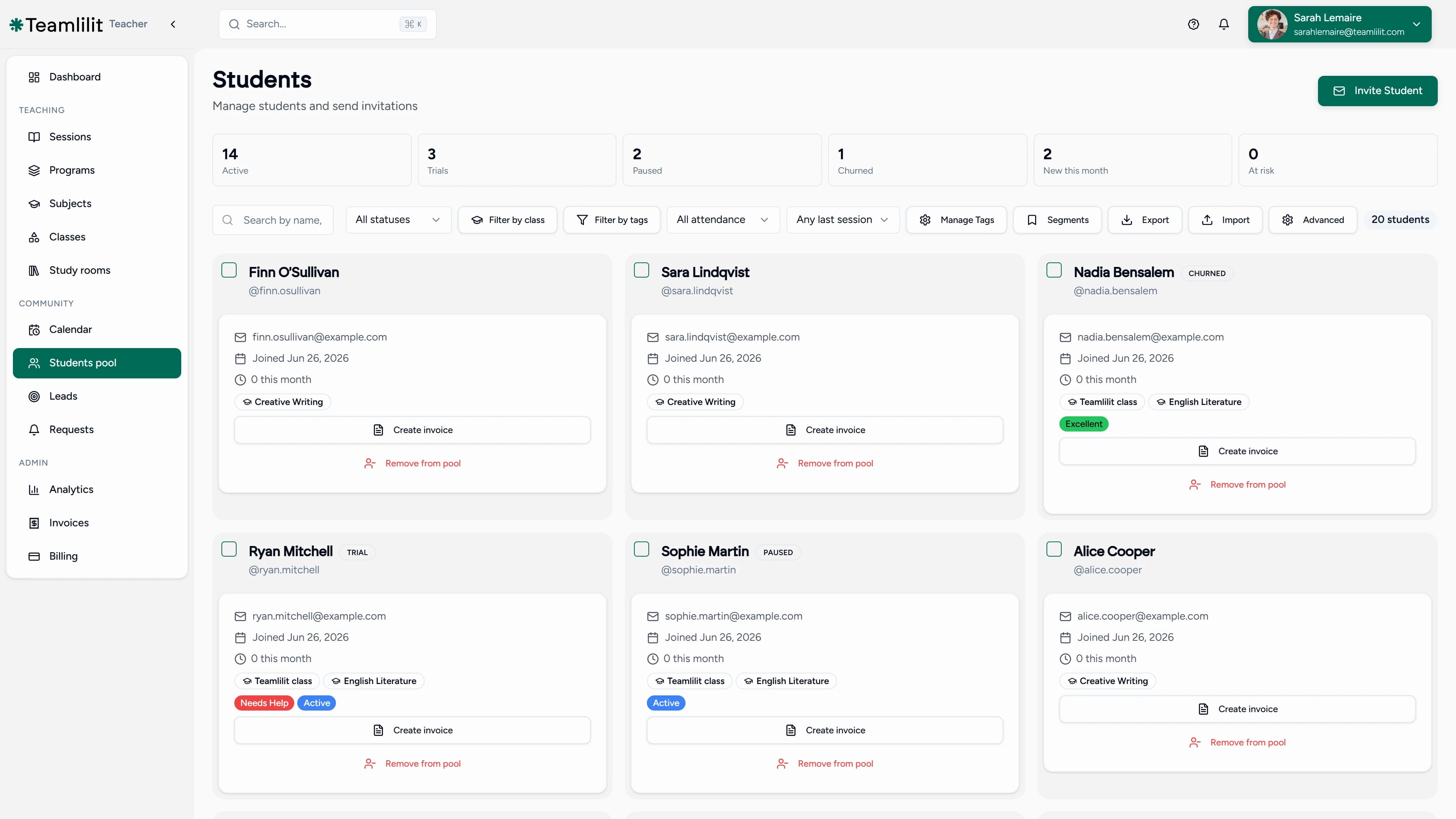 The Teamlilit students roster: lifecycle counters for active, trial, paused and churned students above cards showing each student's classes, attendance rate and recent sessions