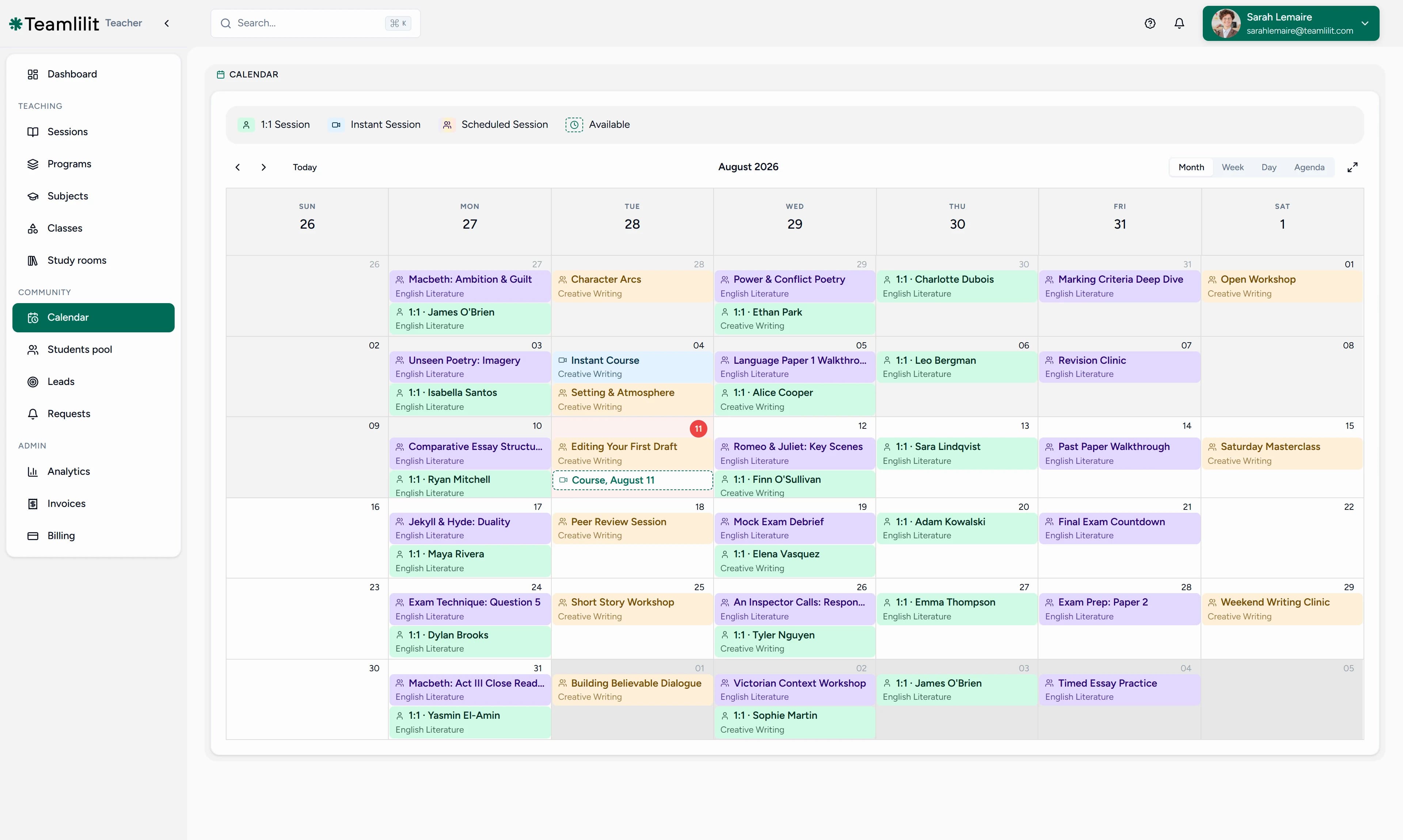 Teamlilit tutor scheduling calendar in month view, showing 1:1 lessons and group classes across a full month with each student's name and subject