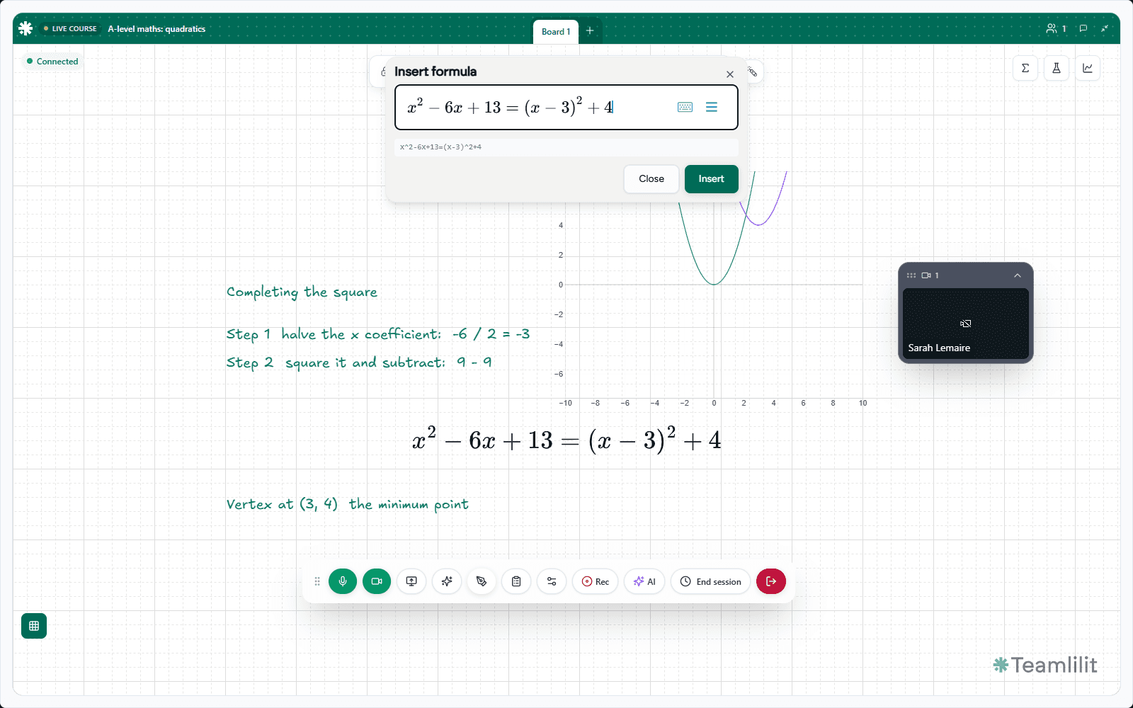 The Teamlilit Insert formula dialog open on a live lesson board, with a typed equation, handwritten working and a plotted graph behind it