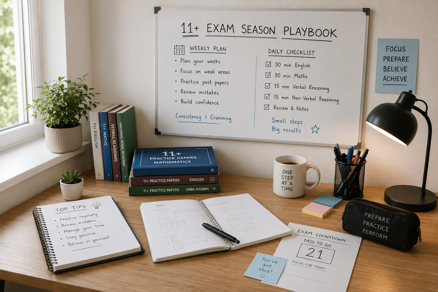 Tuteur qui planifie 90 jours de preparation au 11+ avec les dates d'examens blancs sur un calendrier mural