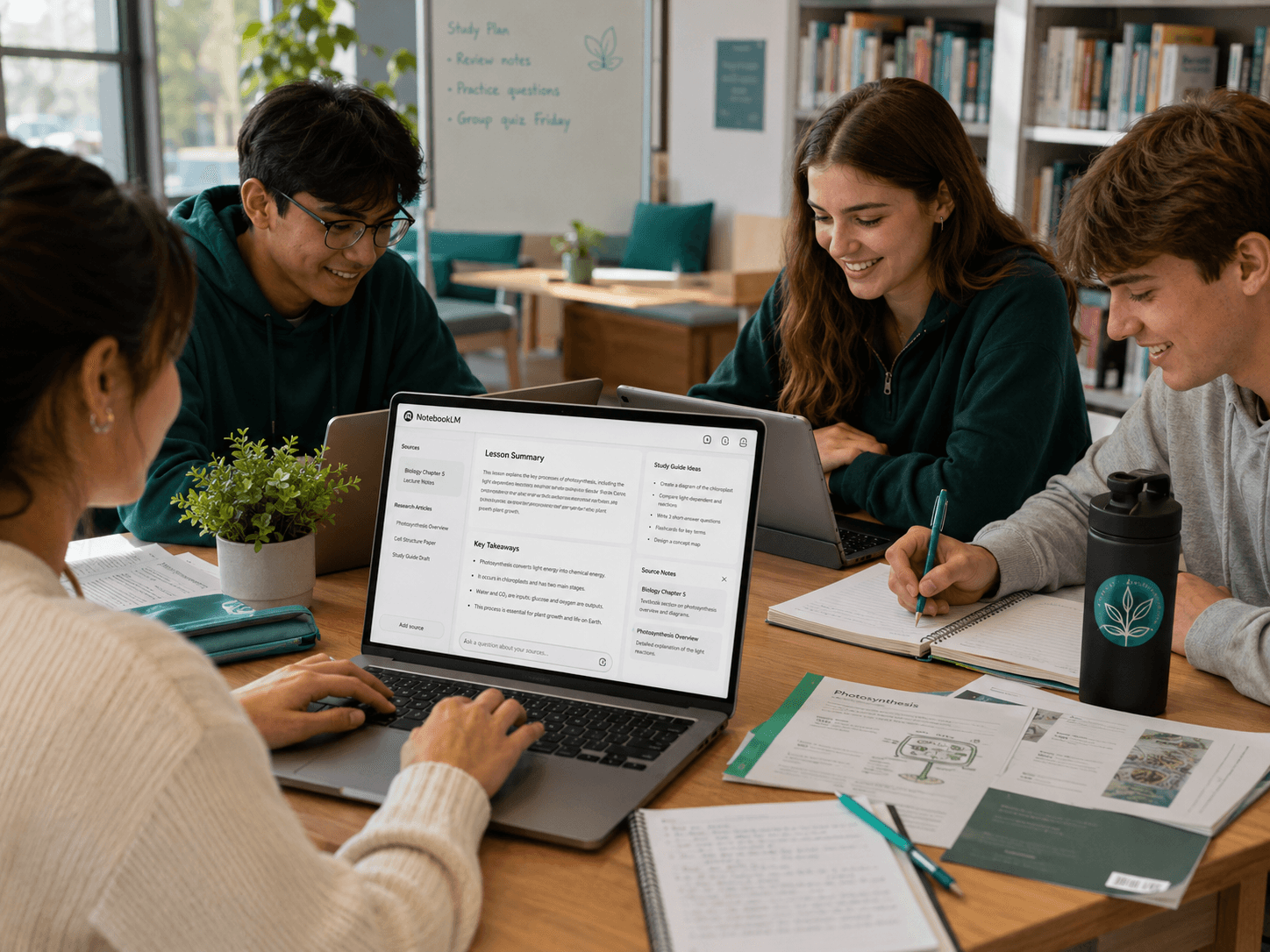 A tutor converting a page of written study notes into a short captioned video on a laptop, with a student watching the clip on a phone