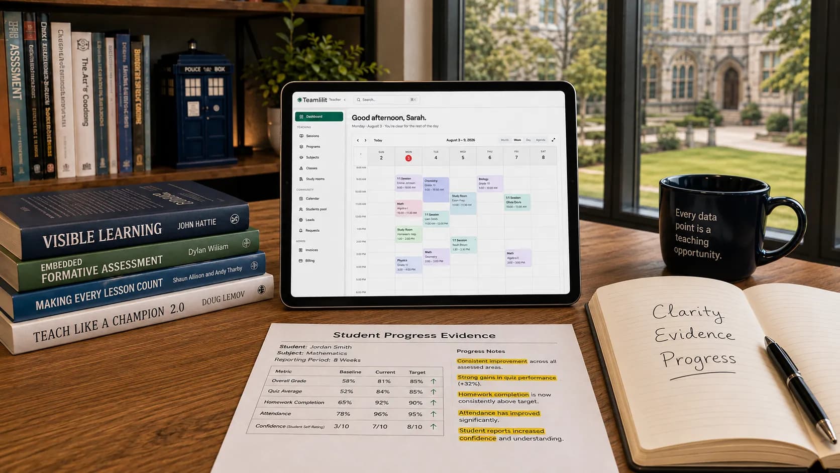 A tutor's desk with a student progress evidence sheet comparing baseline and current scores, next to a tablet showing a Teamlilit teaching schedule