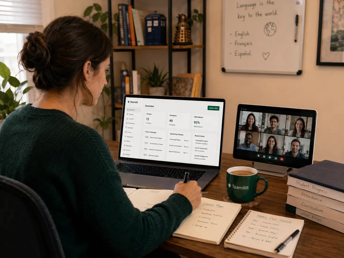 Tableau de bord d'une école de langues en ligne affichant les classes, les tuteurs, la présence et la facturation sur un seul écran