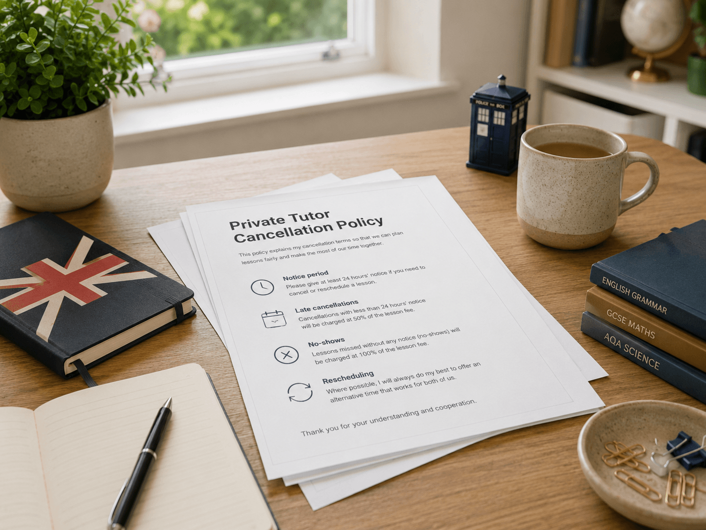 Private tutor reviewing a clear lesson cancellation policy with notice periods and fees