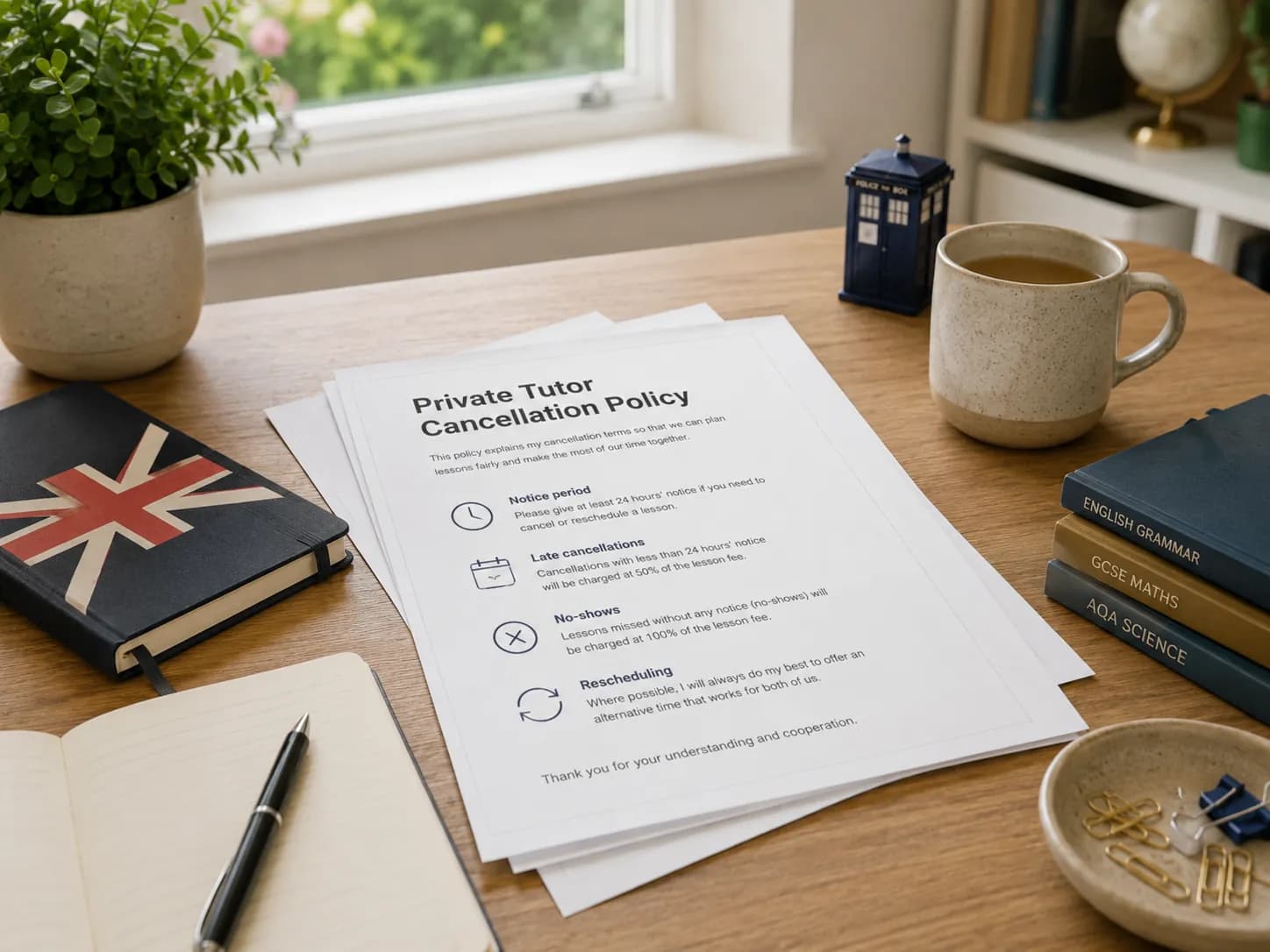 Private tutor reviewing a clear lesson cancellation policy with notice periods and fees