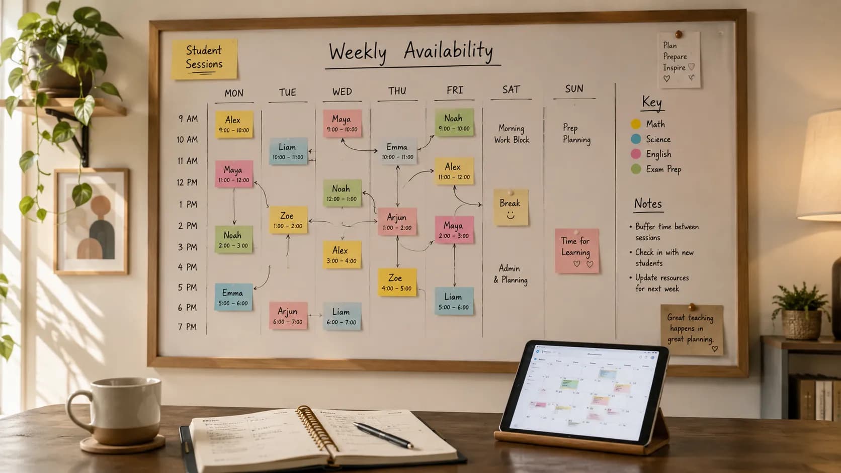 A tutor's weekly availability blocks laid out across a calendar with several students booked in