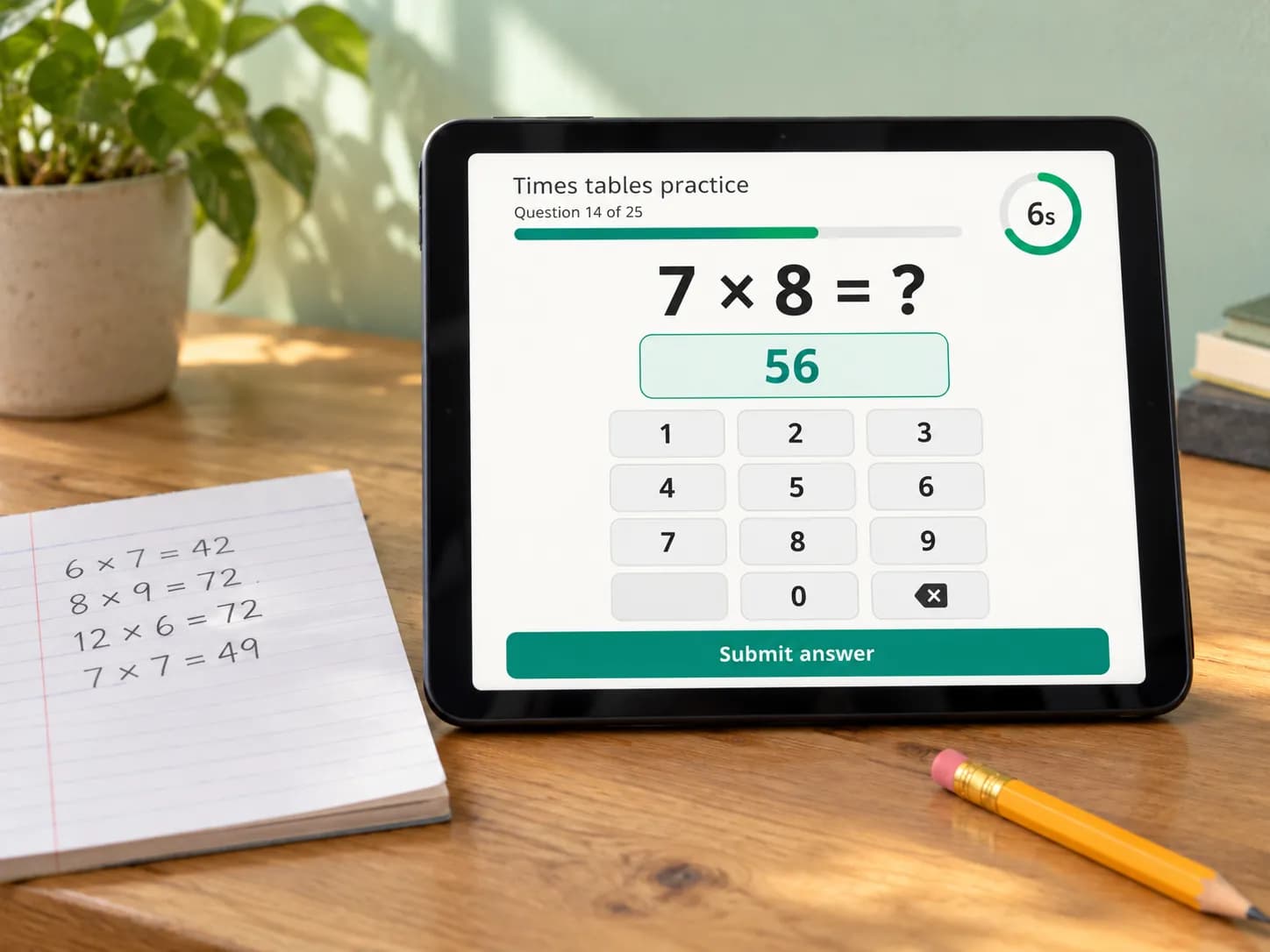 A tablet on a wooden desk showing a times tables practice question, 7 × 8 = ?, answered 56, with a six-second timer and a number pad, beside an exercise book of multiplication facts