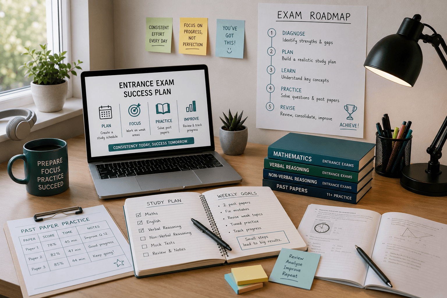 Tutor turning a student's diagnostic test results into a week-by-week entrance exam lesson plan