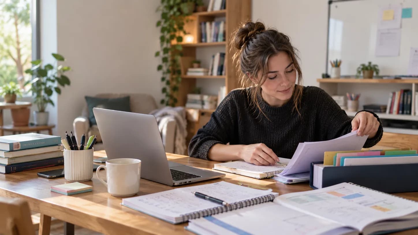 A tutor at a desk with a laptop, going through lesson notes and papers while comparing options