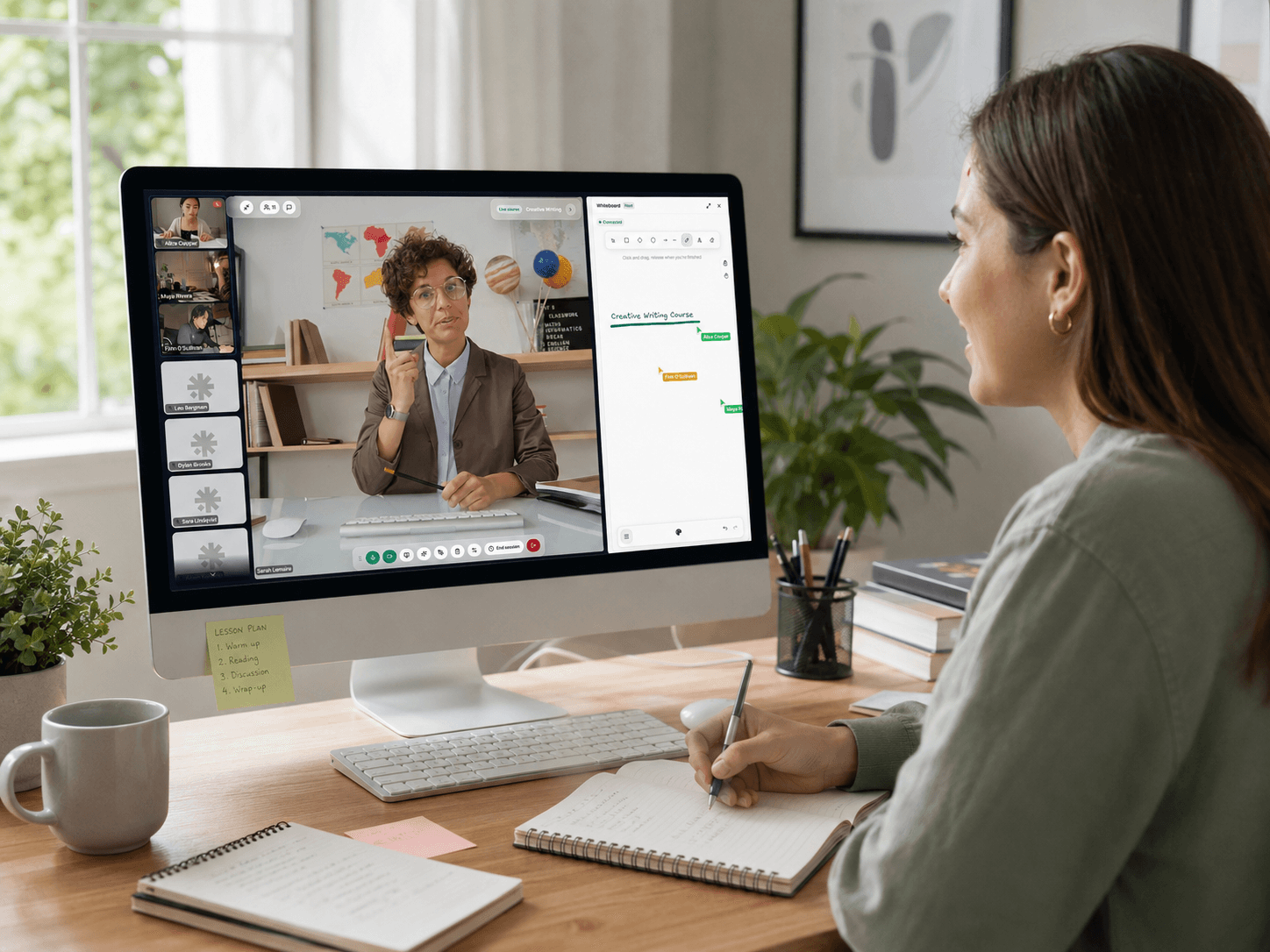 A tutor teaching online in a virtual classroom that brings lessons, scheduling, homework and progress into one place