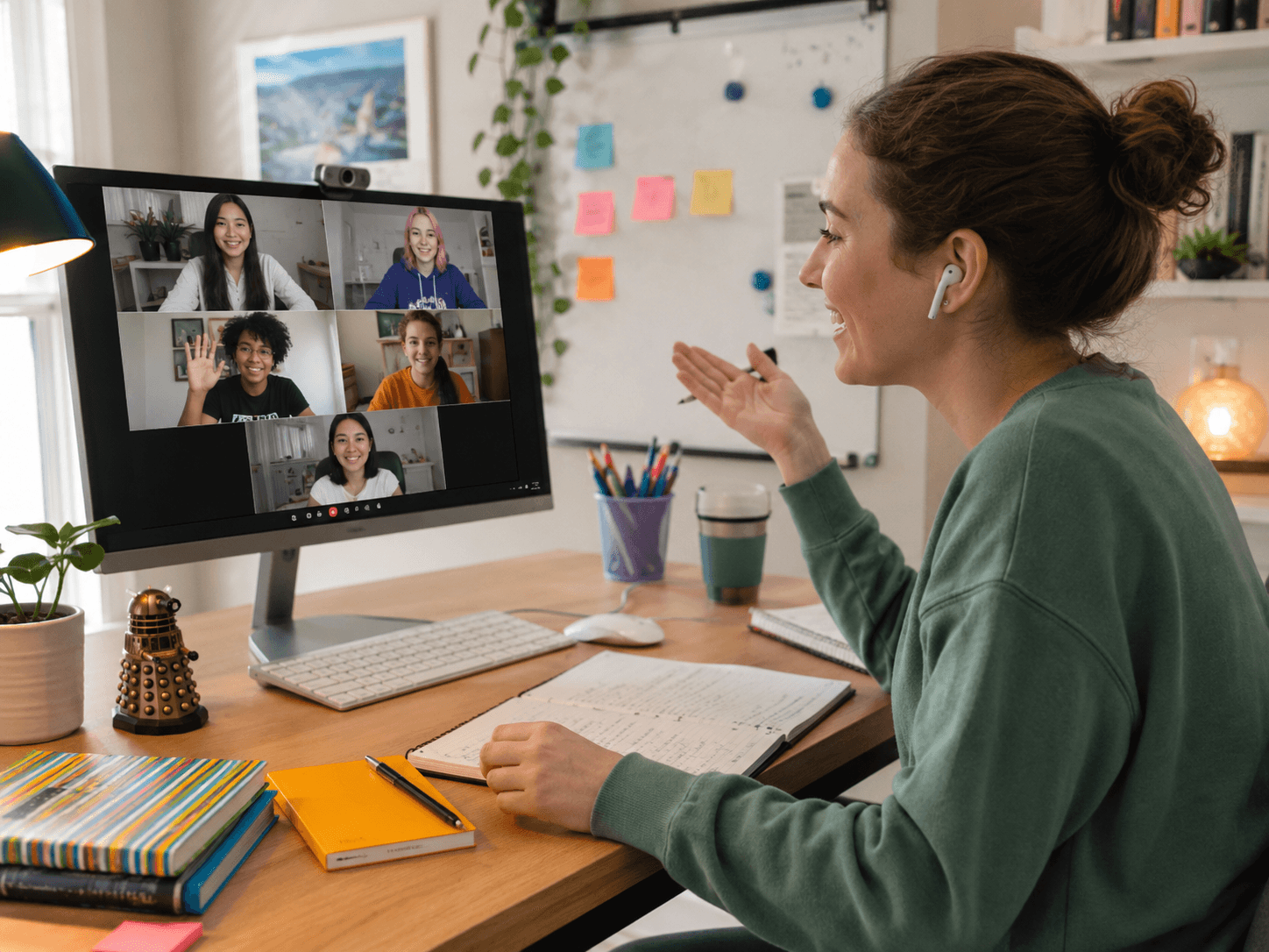 Professeur particulier en ligne face a une classe virtuelle reliee a son planning, ses eleves et son suivi