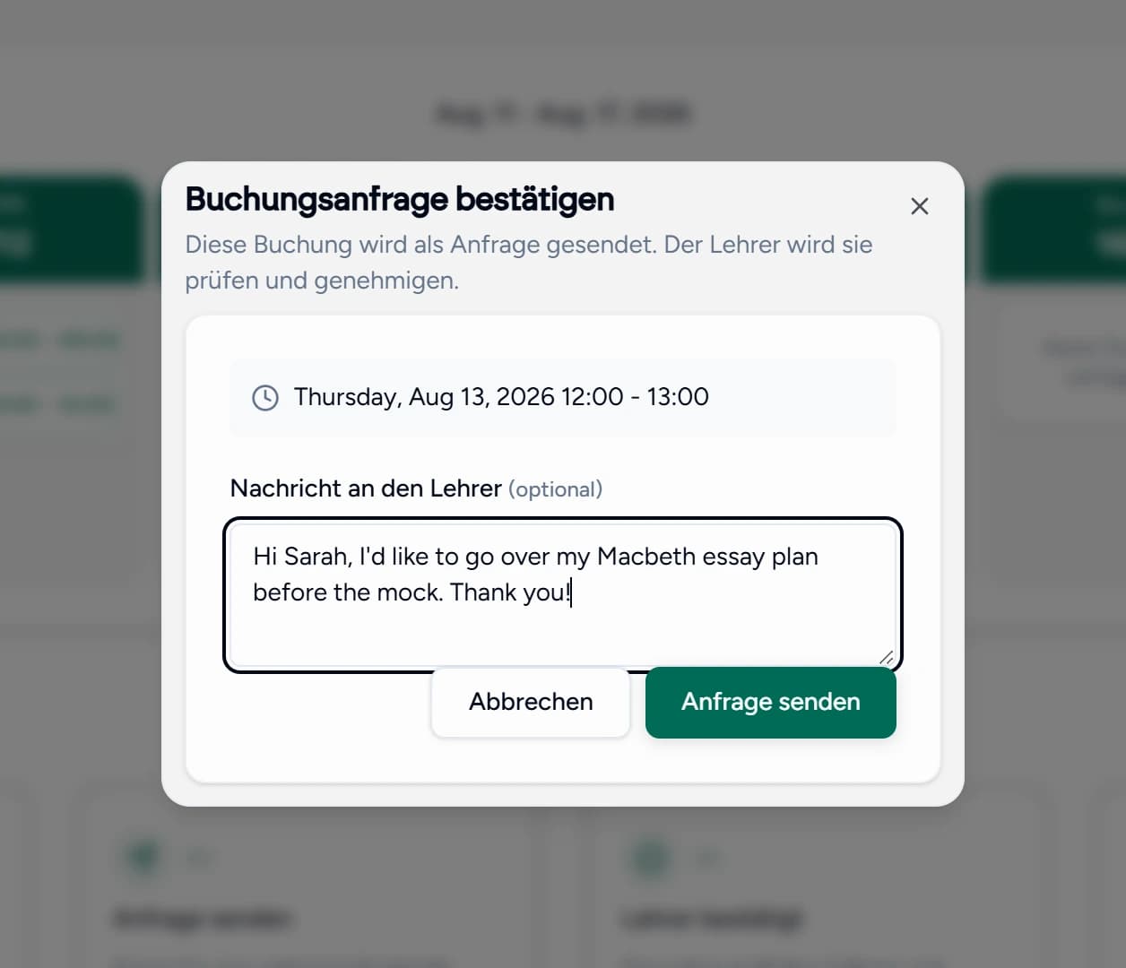 Der Buchungsdialog in Teamlilit, in dem der Schüler das Zeitfenster wählt und sein Anliegen einträgt