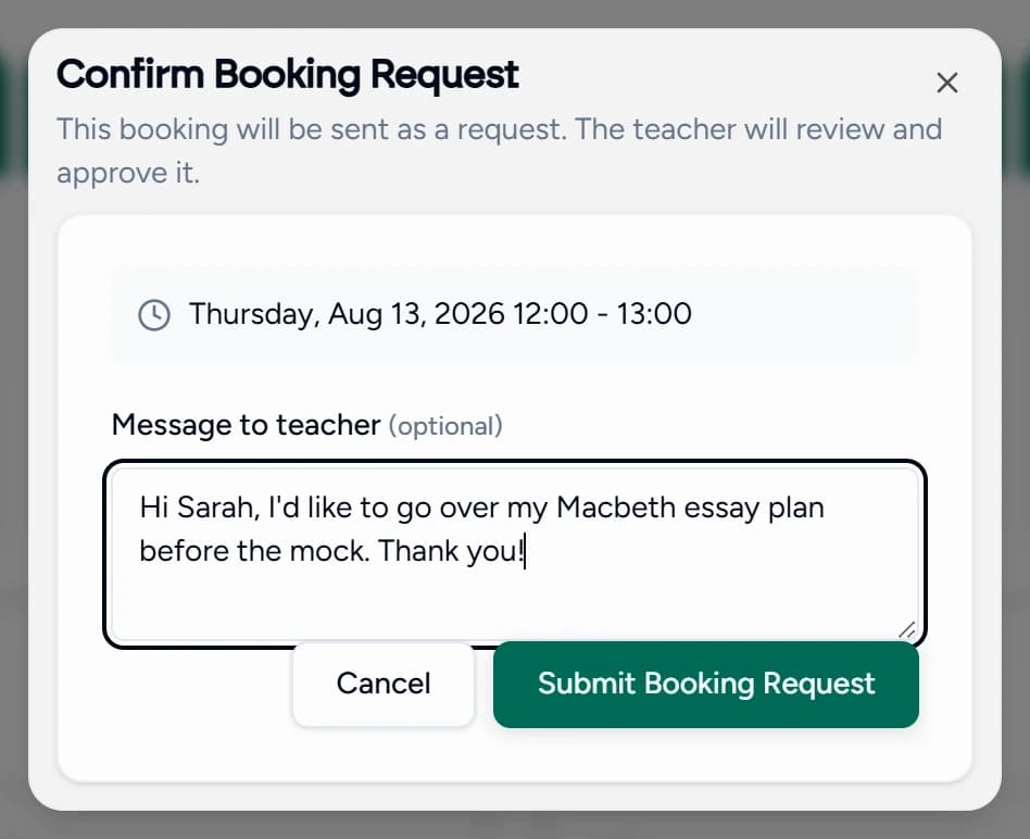 The Teamlilit booking dialog, scheduling a lesson for a class at a chosen time and duration