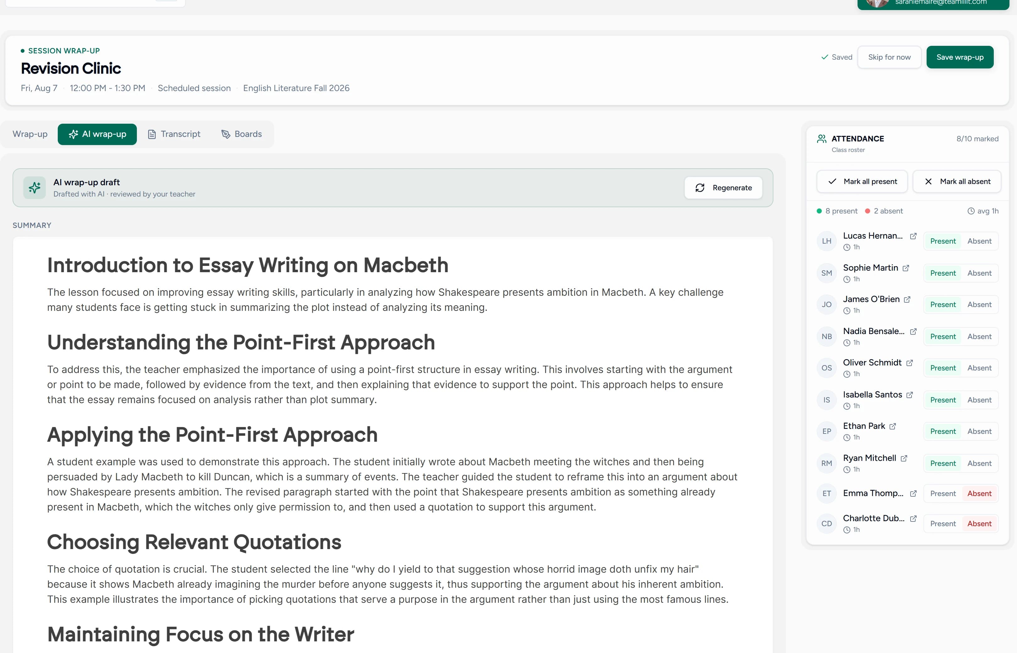 An AI-drafted lesson wrap-up in Teamlilit, with a summary, key points and suggested exercises ready to edit