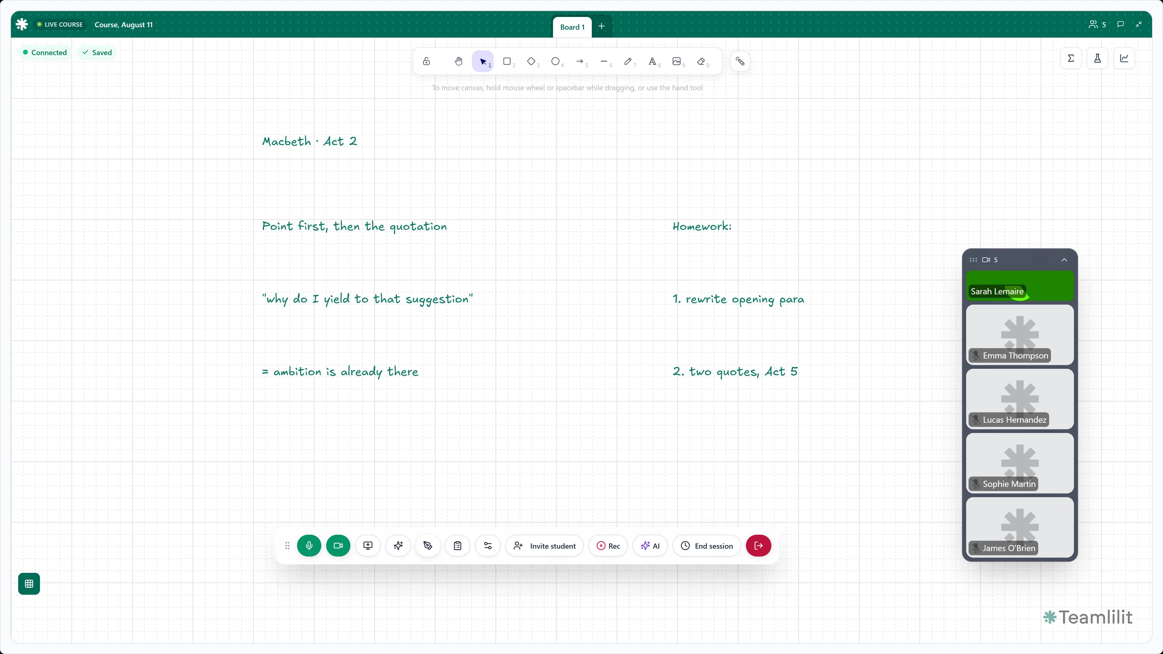 Teamlilit live classroom showing a whiteboard mid-lesson with notes on Macbeth and homework set, the connected class listed alongside, and the teaching controls below