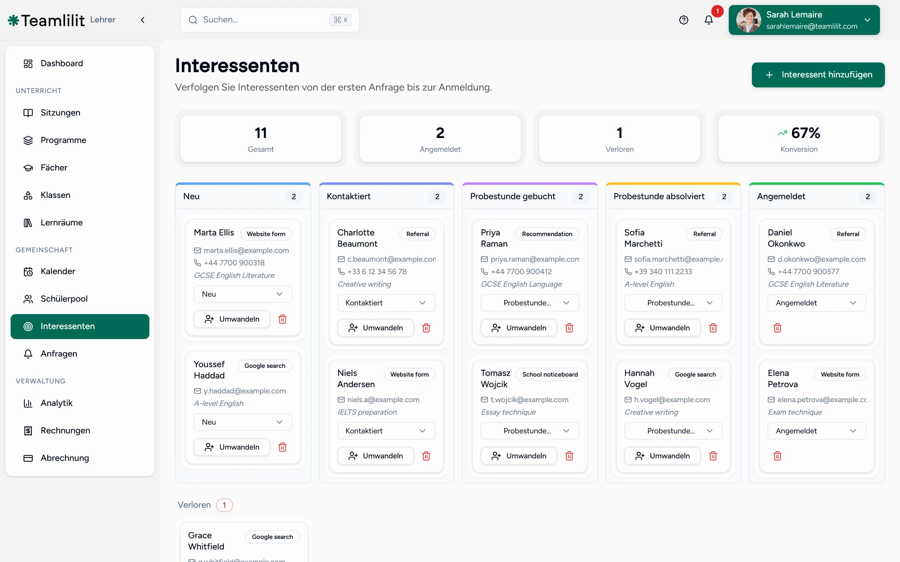 Das Interessenten-Board in Teamlilit, das Anfragen vom ersten Kontakt bis zur Anmeldung verfolgt, mit einer Abschlussquote