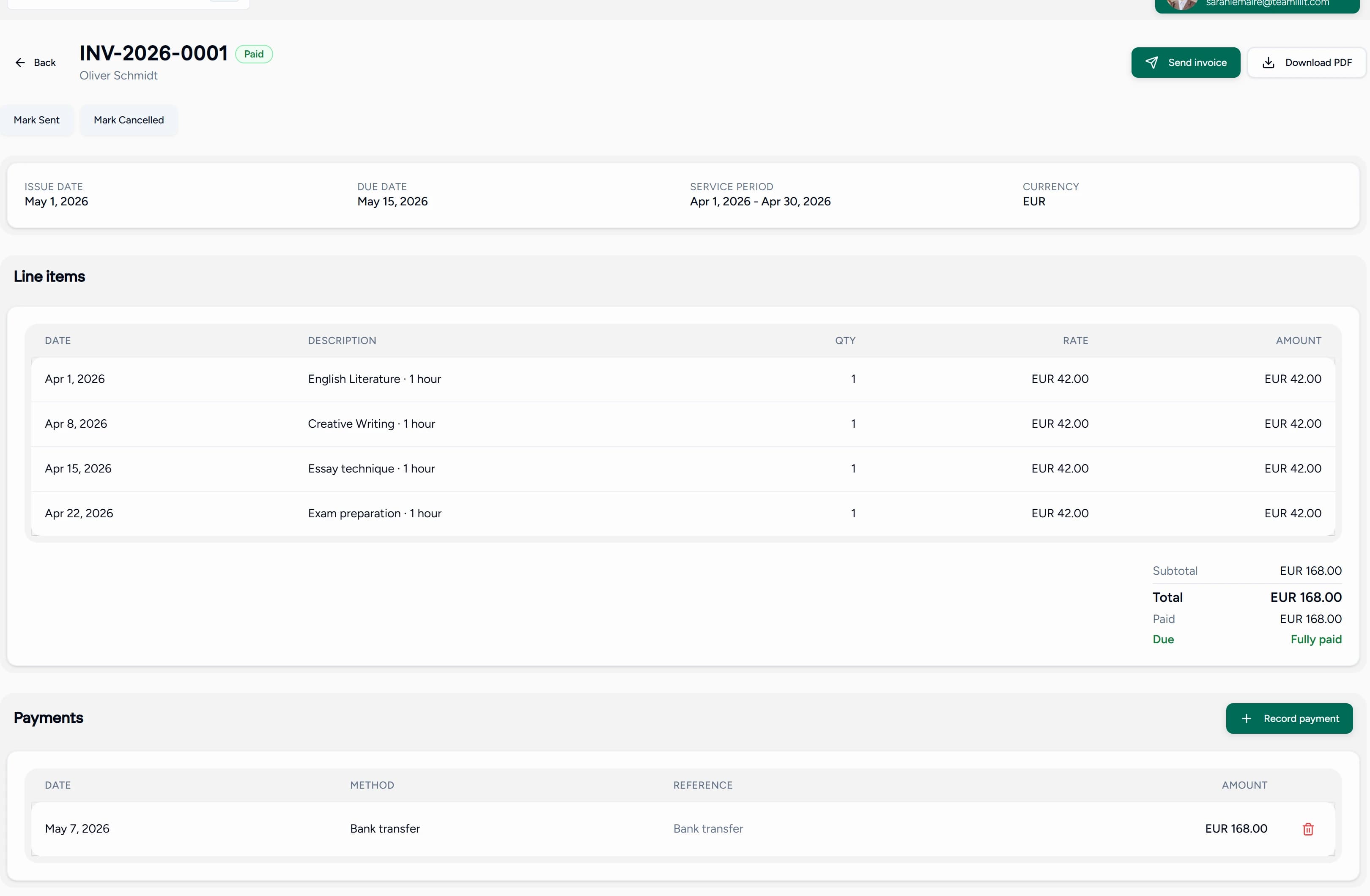 Teamlilit tutor invoice showing a paid invoice with numbered reference, service period, itemised tutoring sessions, totals in euros and a recorded bank transfer payment