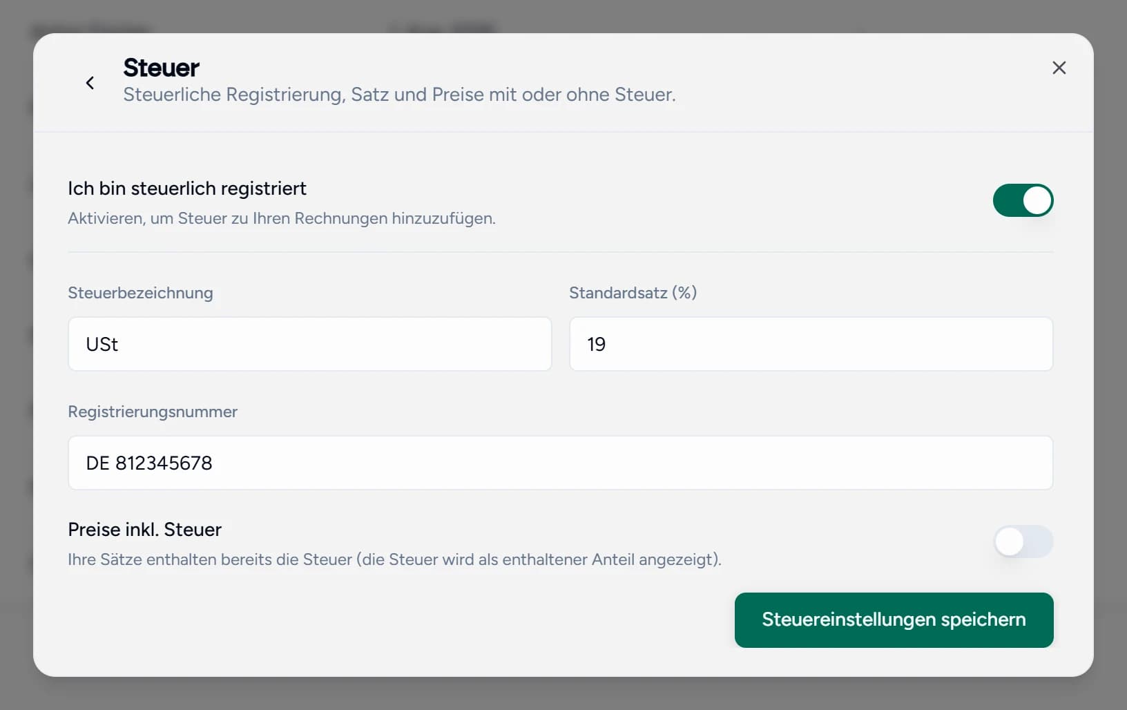 Die Steuereinstellungen in Teamlilit: steuerliche Registrierung, Steuerbezeichnung USt, Standardsatz und Registrierungsnummer