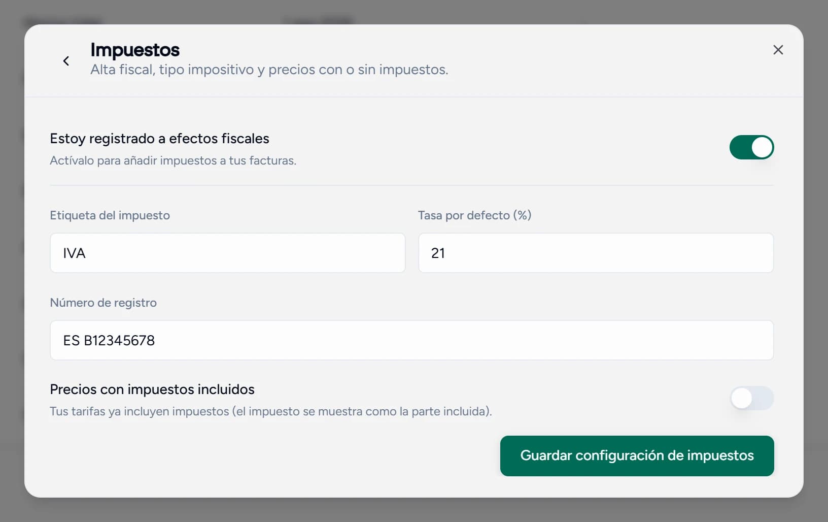 La configuración de impuestos en Teamlilit: alta fiscal, etiqueta del impuesto IVA, tasa por defecto y número de registro