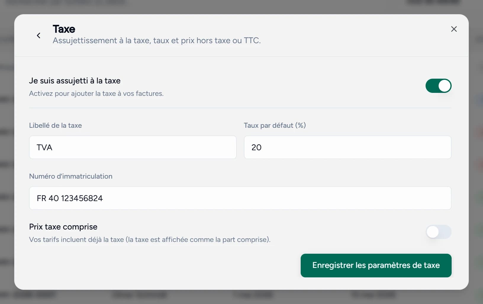 Les paramètres de taxe dans Teamlilit : assujettissement, libellé TVA, taux par défaut et numéro d'immatriculation