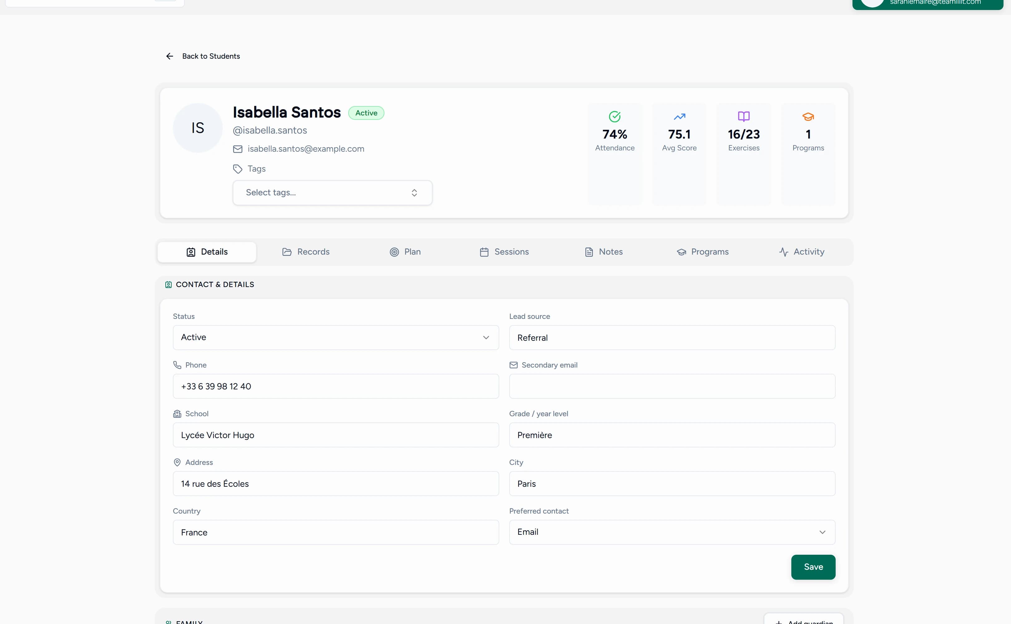 A Teamlilit student record showing that student's attendance rate and session history alongside their status and contact details