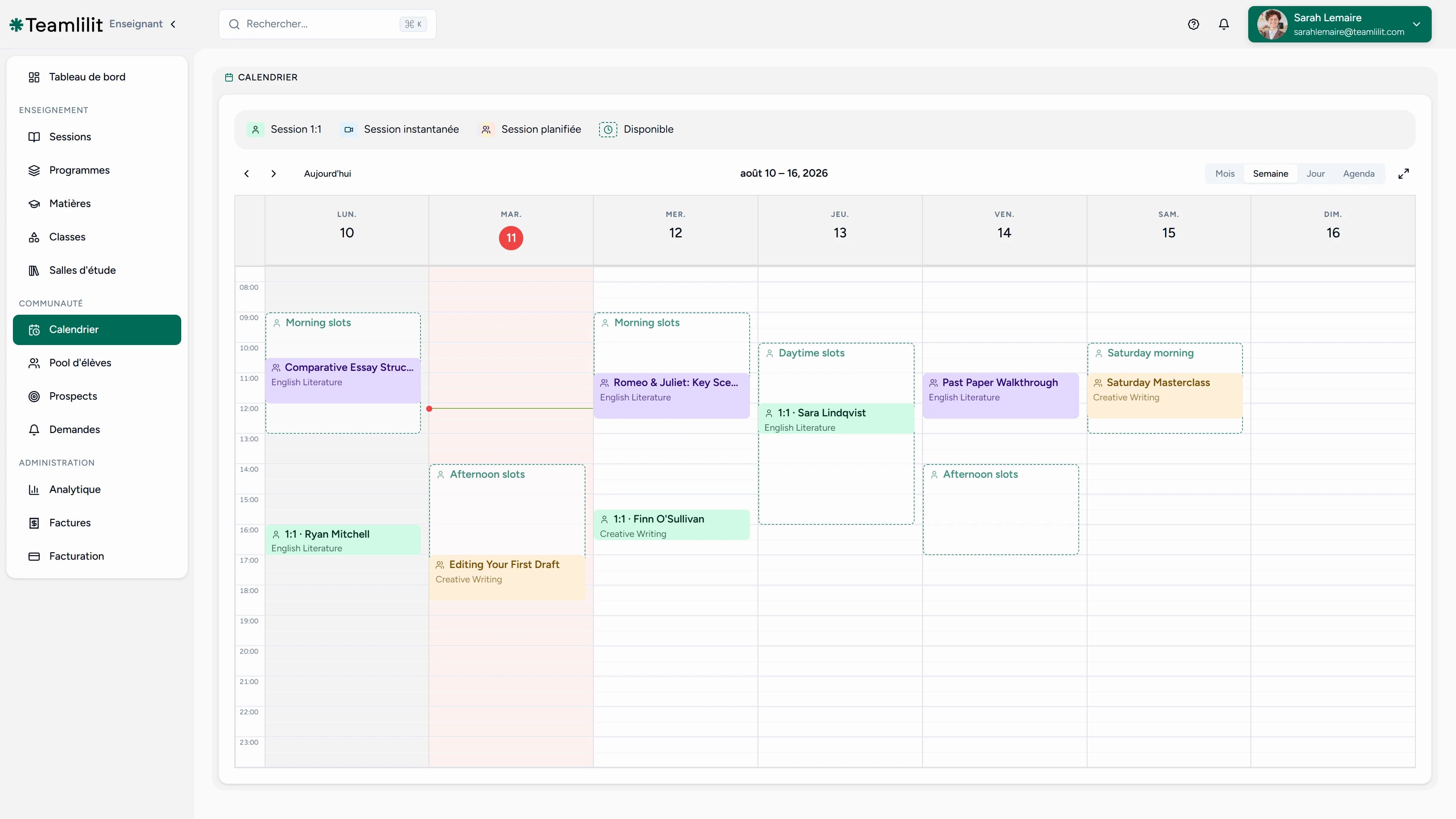 La vue hebdomadaire du calendrier Teamlilit, avec les séances de la semaine heure par heure
