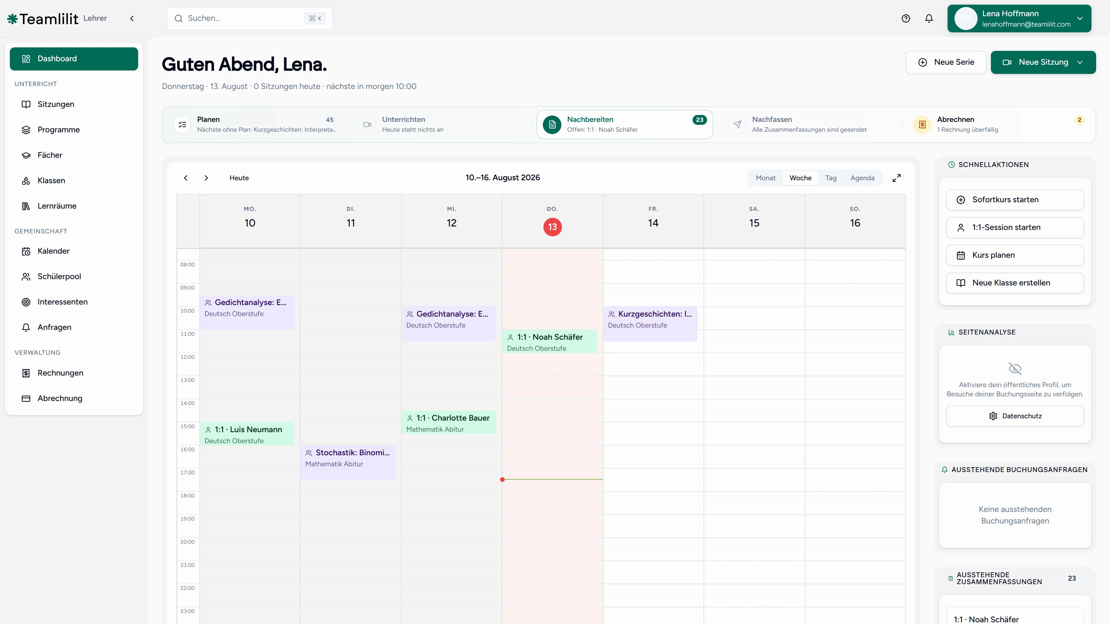 Das Teamlilit-Dashboard mit den Stunden der Woche und dem Stand jeder Sitzung