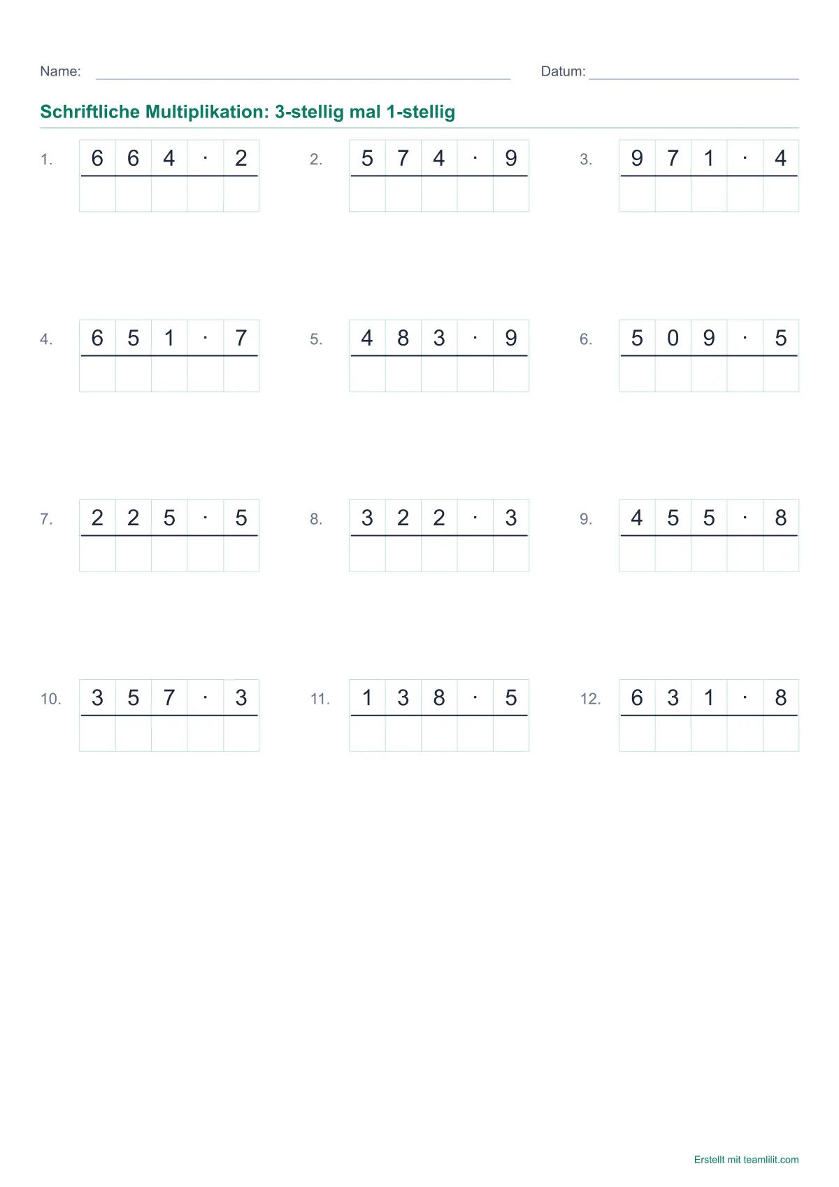 Arbeitsblatt schriftliche Multiplikation zum Ausdrucken: dreistellige mal einstellige Zahlen