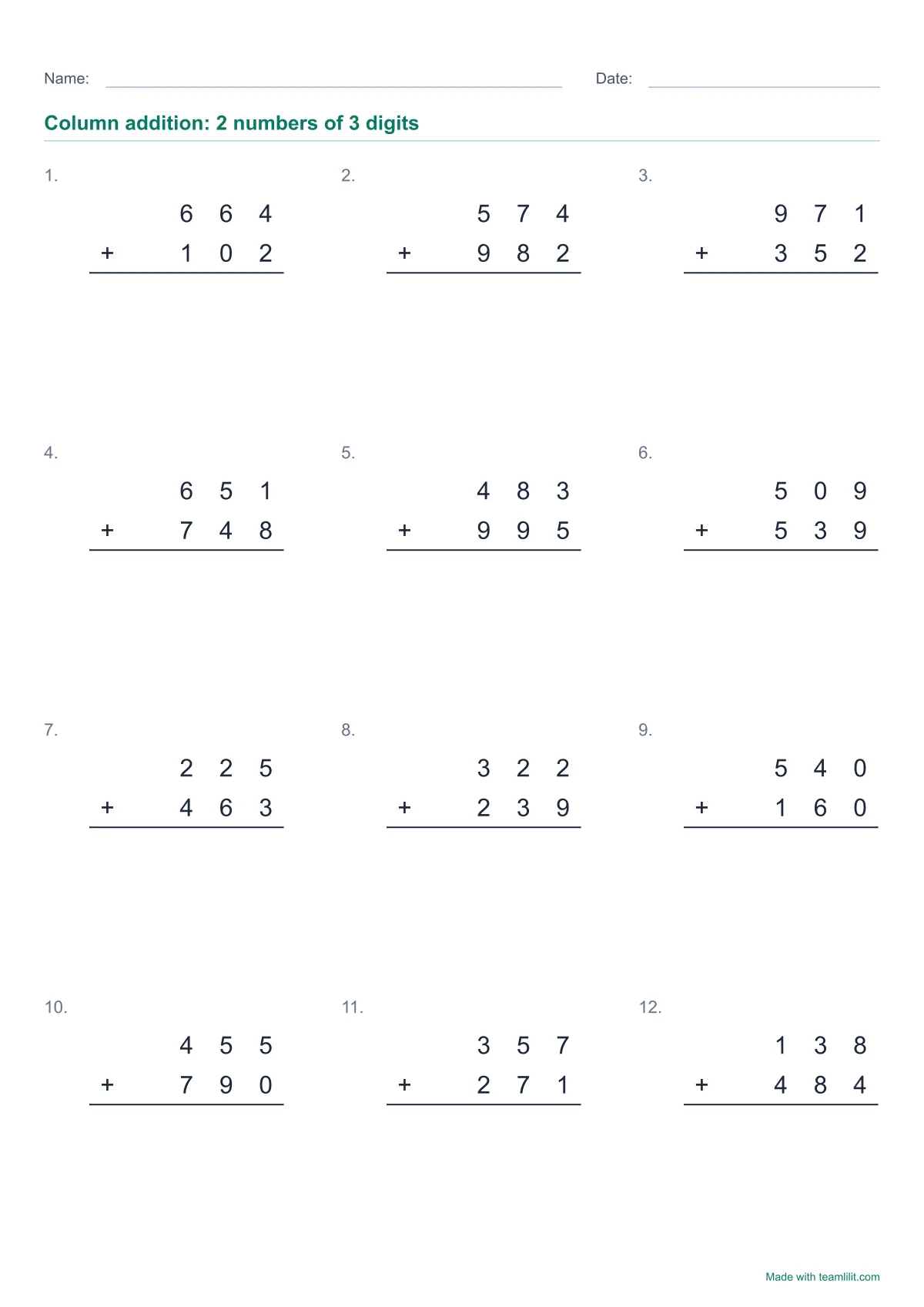 Column addition worksheet to print: twelve sums of two 3-digit numbers