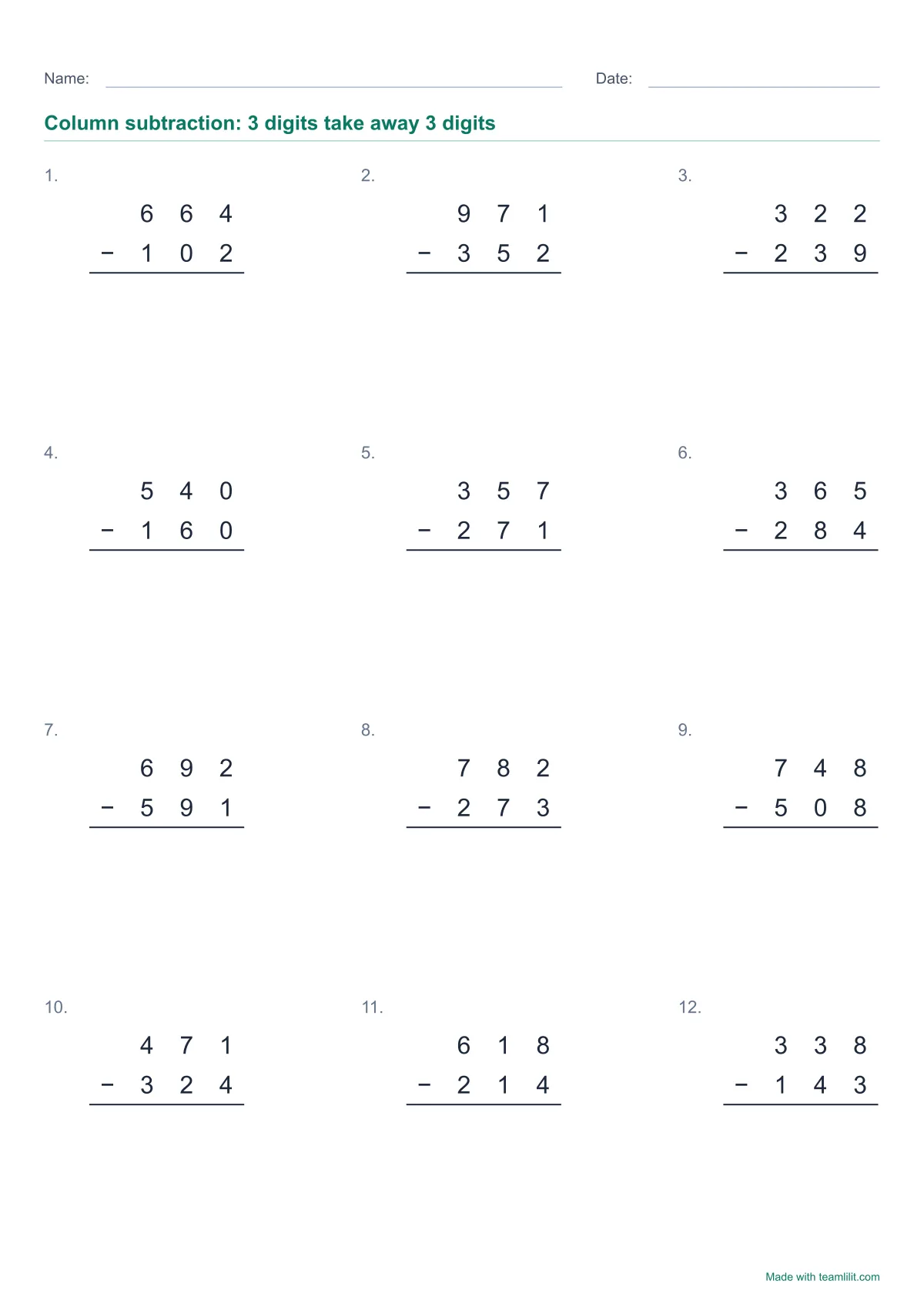 Column subtraction worksheet to print: twelve 3-digit subtractions