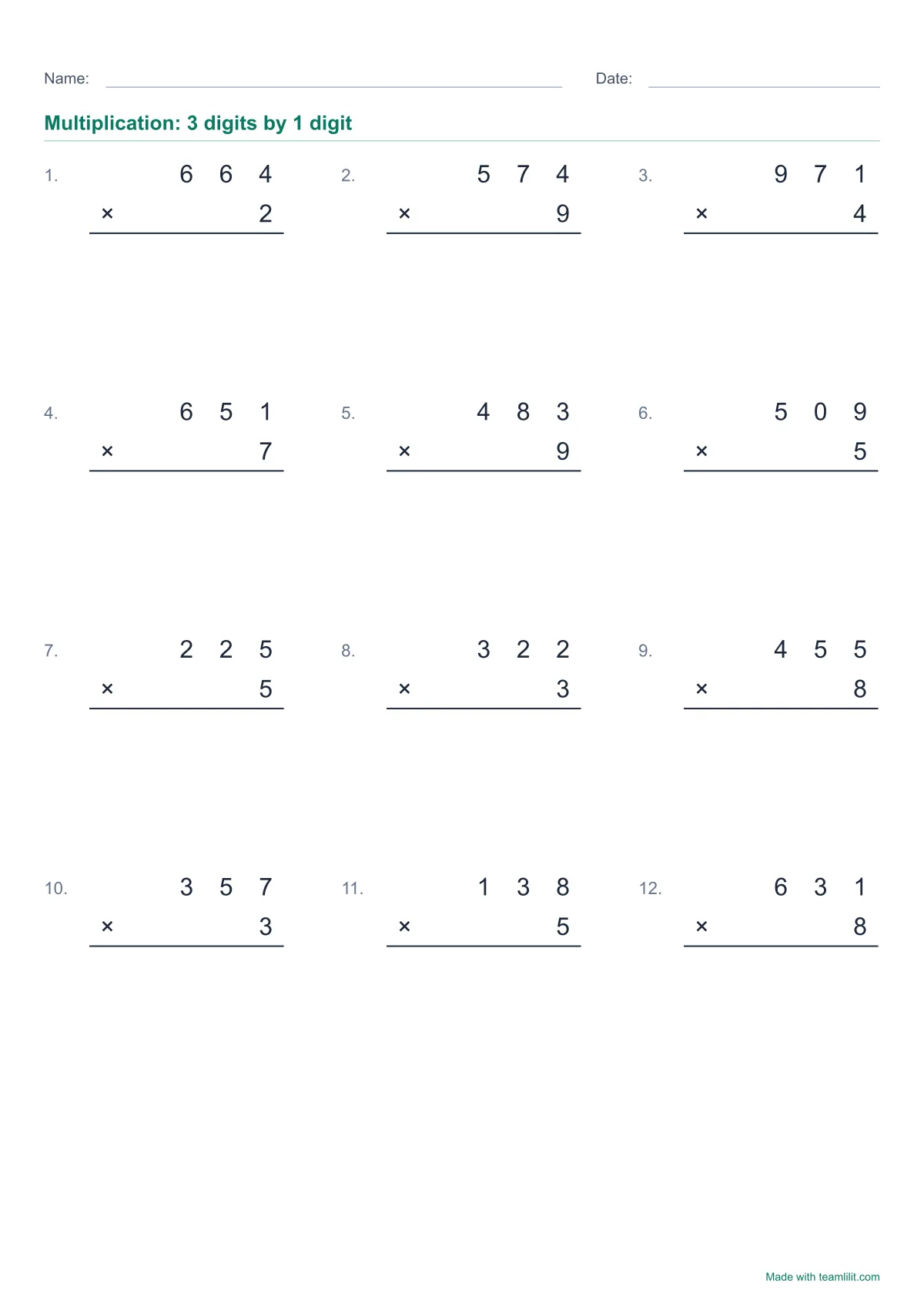 Multiplication worksheet to print: 3-digit numbers times a 1-digit number