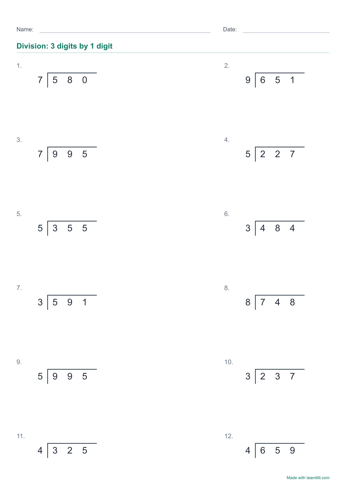 Short division worksheet to print, bus stop method: 3-digit numbers divided by one digit
